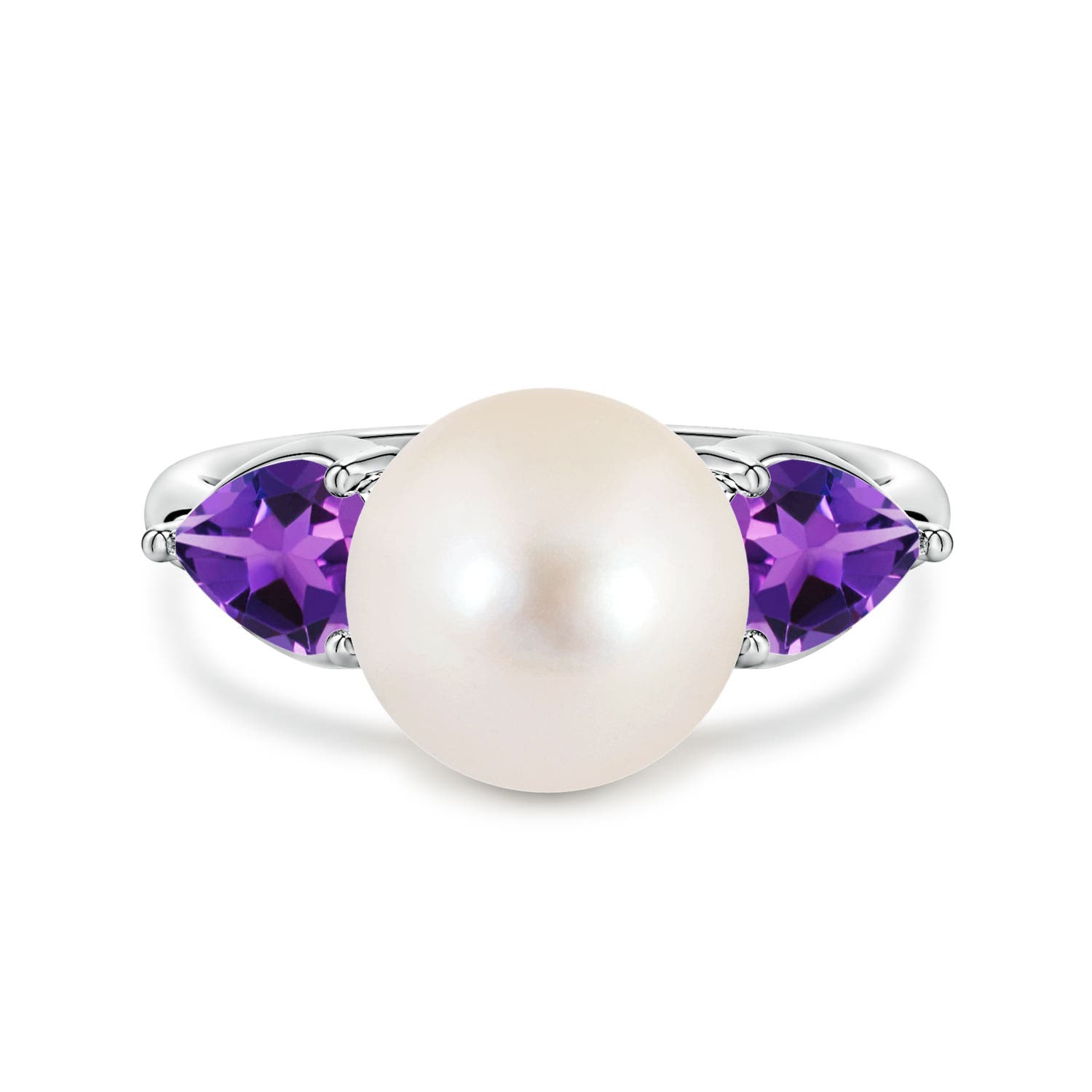 10mm AAAA Freshwater Pearl and Horizontal Pear Amethyst Side Stone Ring in White Gold