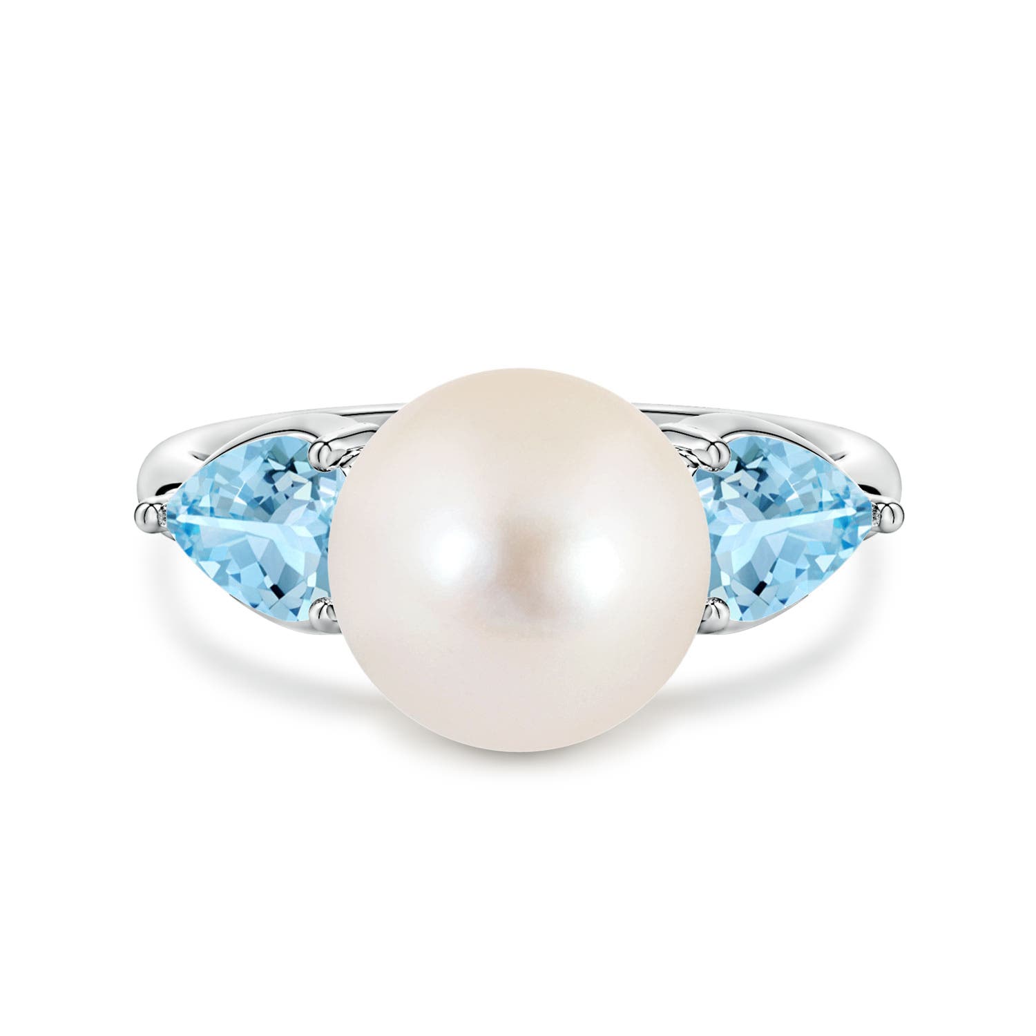 10mm AAAA Freshwater Pearl and Horizontal Pear Aquamarine Side Stone Ring in White Gold