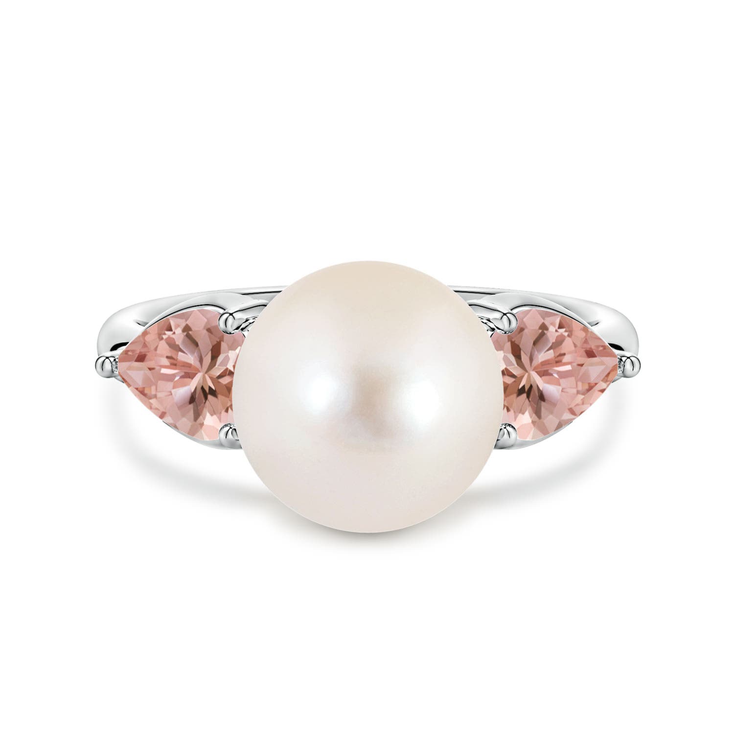 10mm AAAA Freshwater Pearl and Horizontal Pear Morganite Side Stone Ring in White Gold