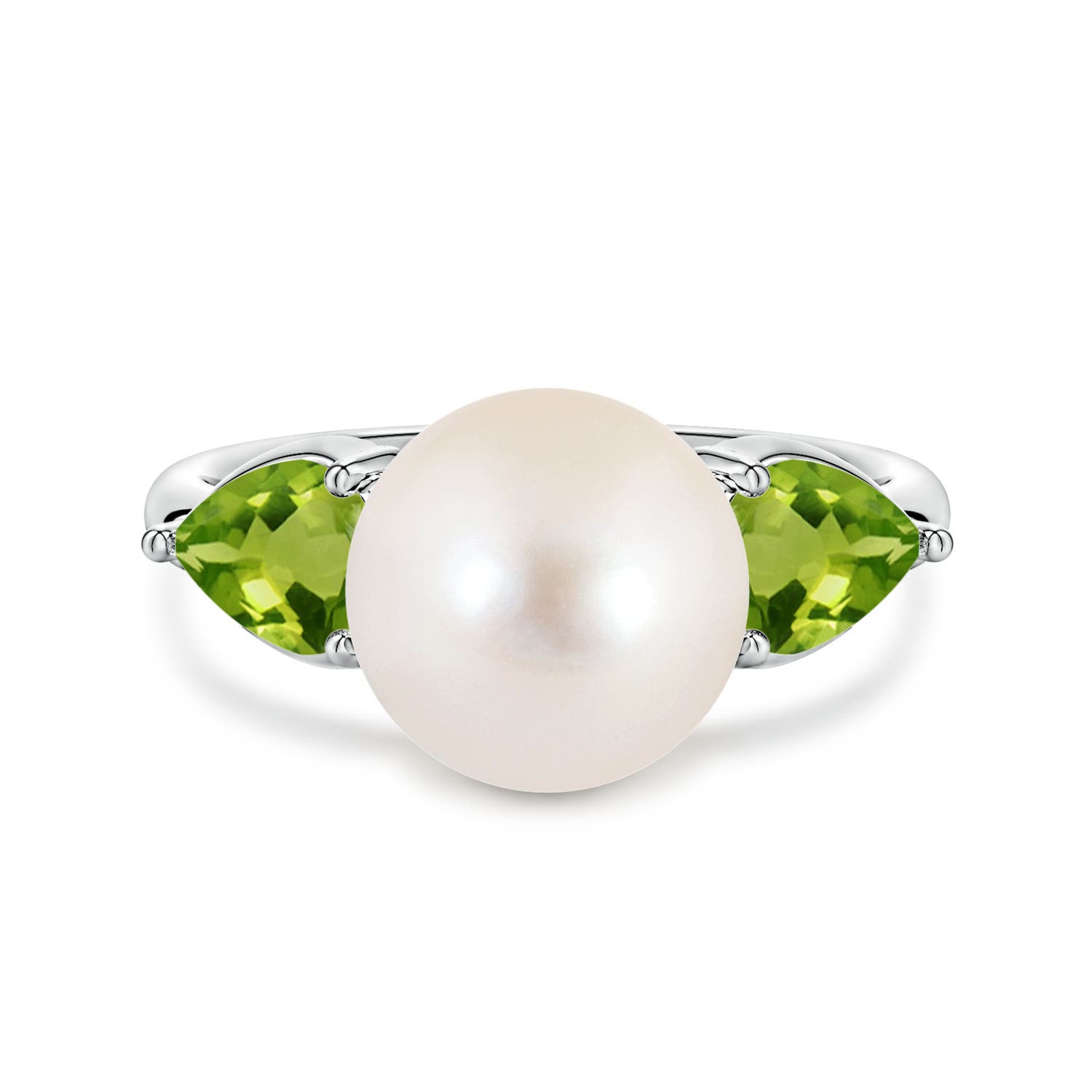10mm AAAA Freshwater Pearl and Horizontal Pear Peridot Side Stone Ring in White Gold