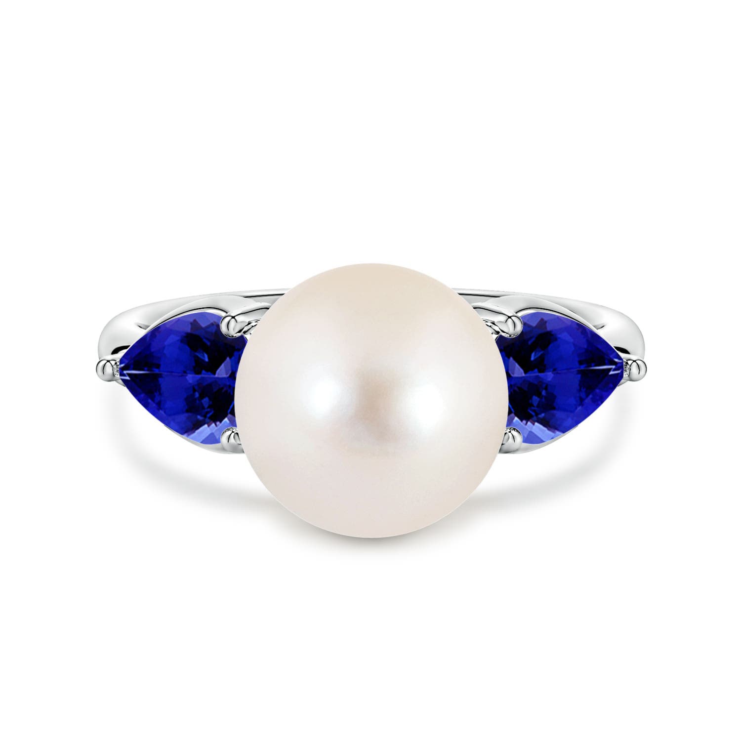 10mm AAAA Freshwater Pearl and Horizontal Pear Tanzanite Side Stone Ring in White Gold