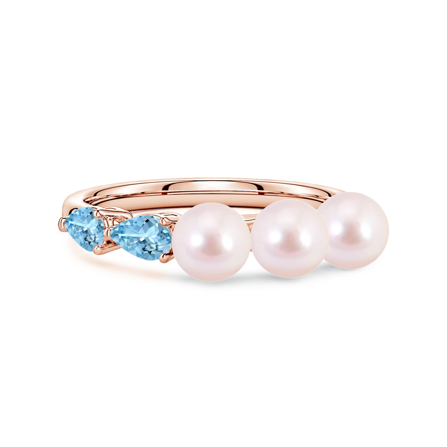 5mm AAAA Akoya Pearl and Horizontal Pear Aquamarine Asymmetrical Ring in 18K Rose Gold