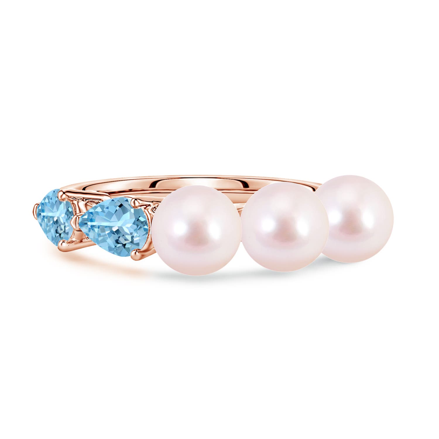 6mm AAAA Akoya Pearl and Horizontal Pear Aquamarine Asymmetrical Ring in 18K Rose Gold