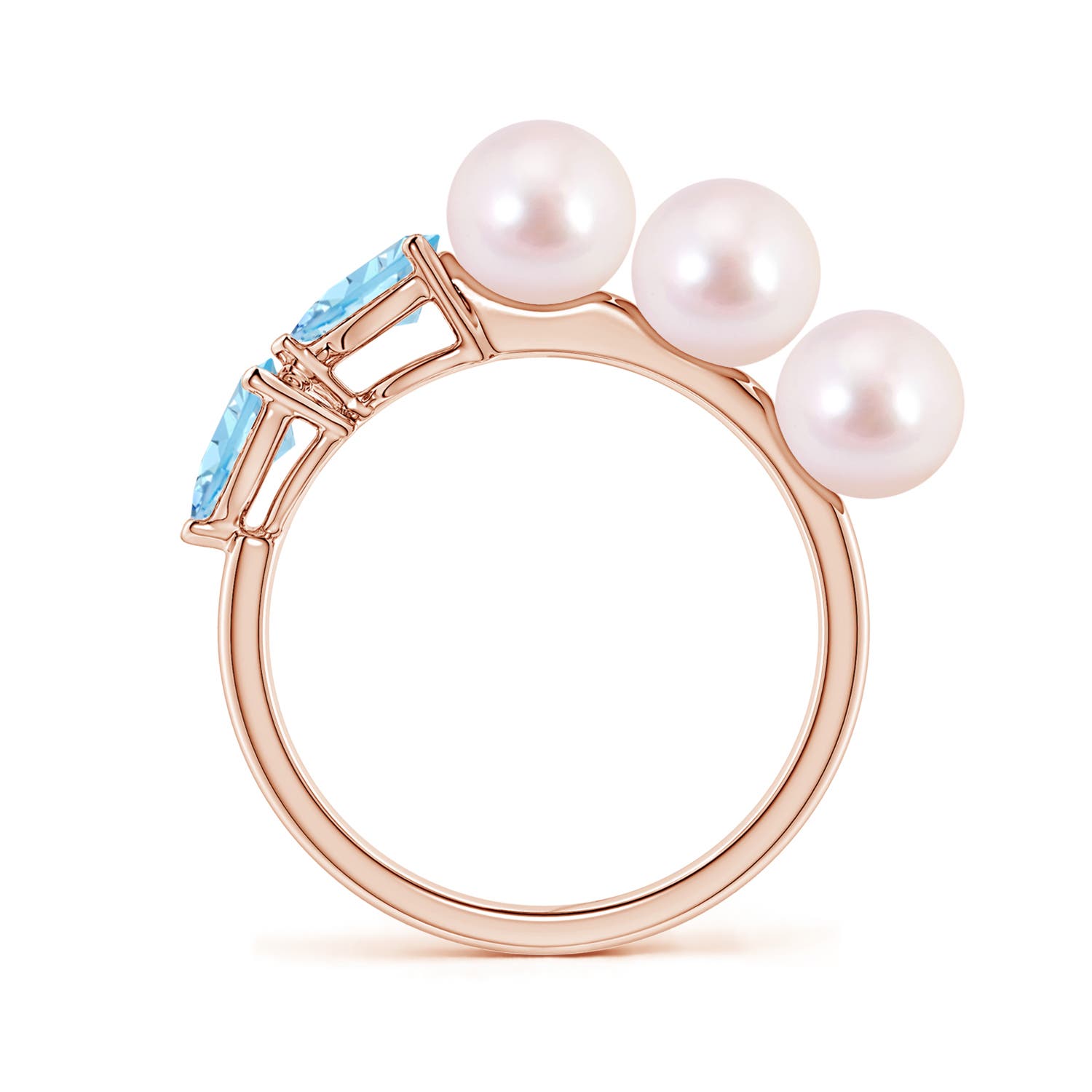 6mm AAAA Akoya Pearl and Horizontal Pear Aquamarine Asymmetrical Ring in 18K Rose Gold