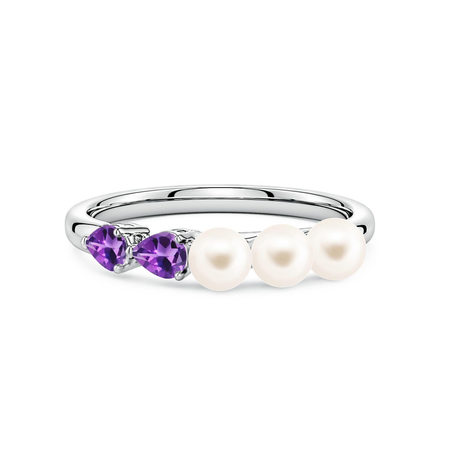 4mm AAA Freshwater Pearl and Horizontal Pear Amethyst Asymmetrical Ring in White Gold