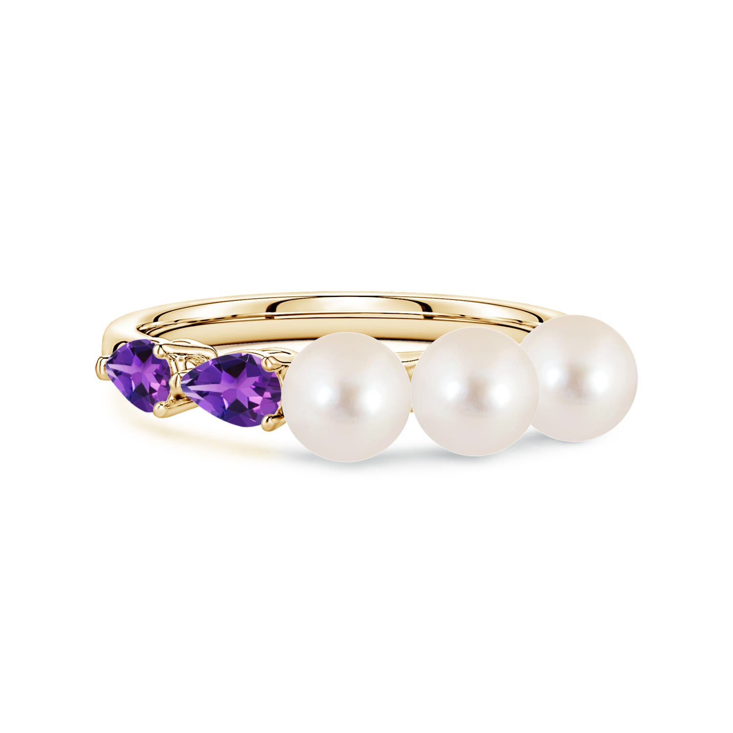 5mm AAAA Freshwater Pearl and Horizontal Pear Amethyst Asymmetrical Ring in Yellow Gold