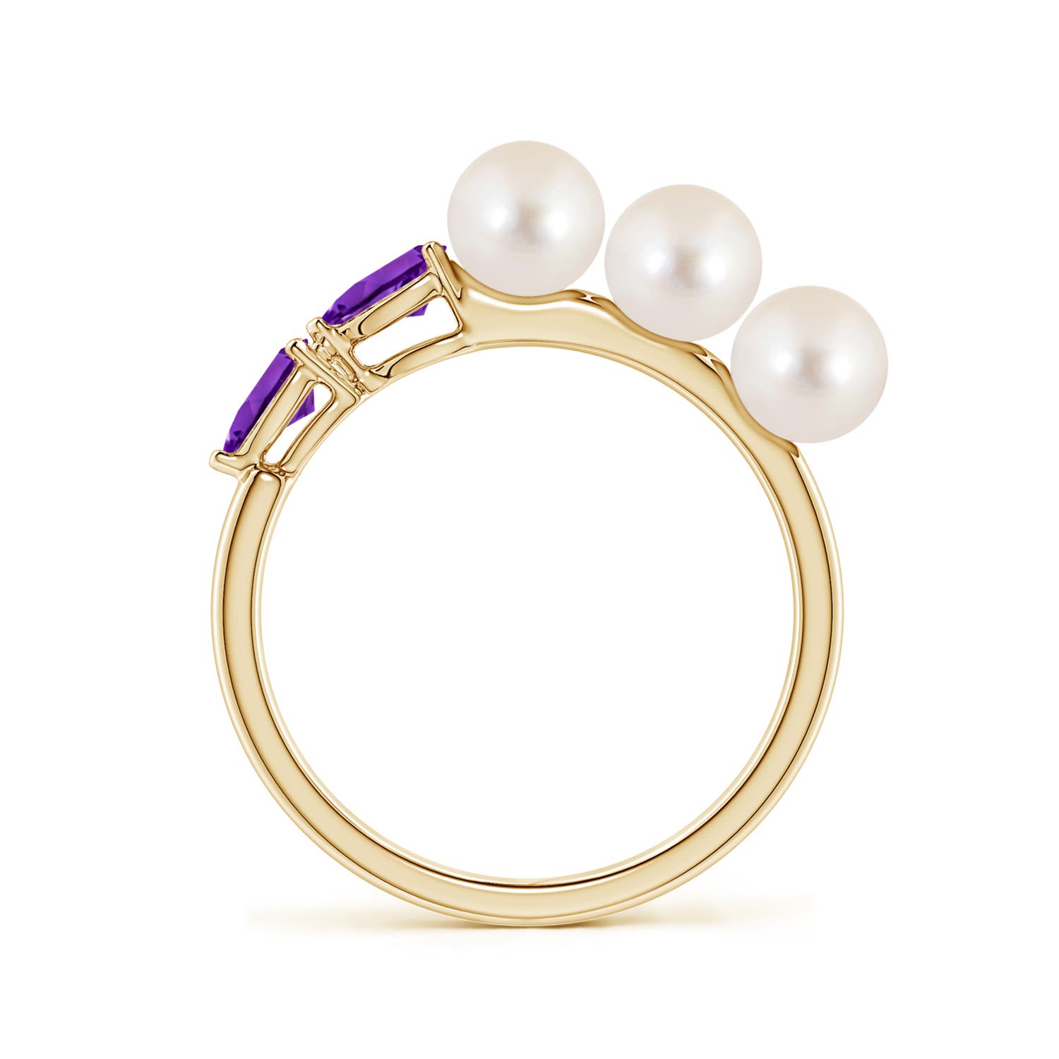 5mm AAAA Freshwater Pearl and Horizontal Pear Amethyst Asymmetrical Ring in Yellow Gold