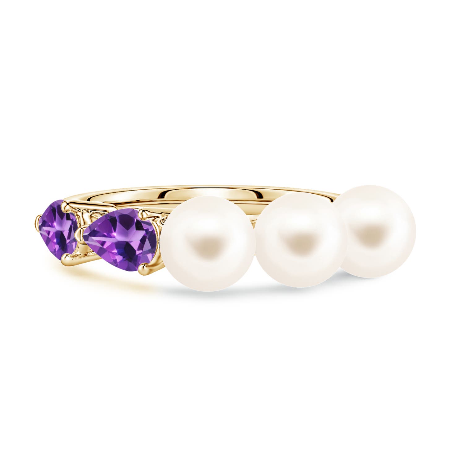 6mm AAA Freshwater Pearl and Horizontal Pear Amethyst Asymmetrical Ring in 18K Yellow Gold