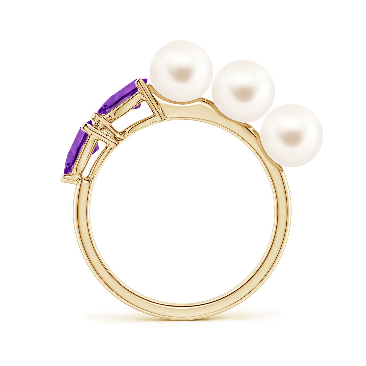 6mm AAA Freshwater Pearl and Horizontal Pear Amethyst Asymmetrical Ring in 18K Yellow Gold