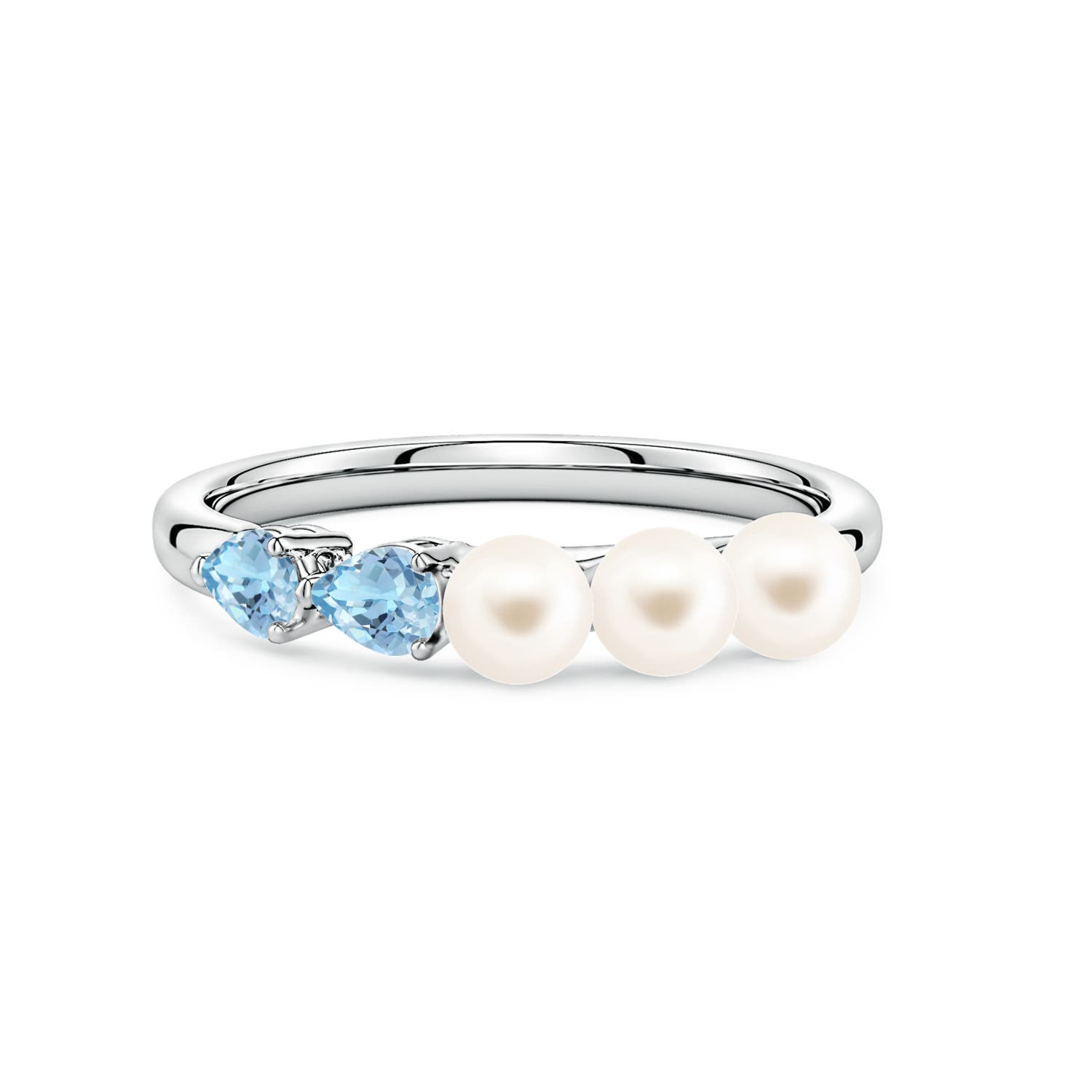 4mm AAA Freshwater Pearl and Horizontal Pear Aquamarine Asymmetrical Ring in White Gold