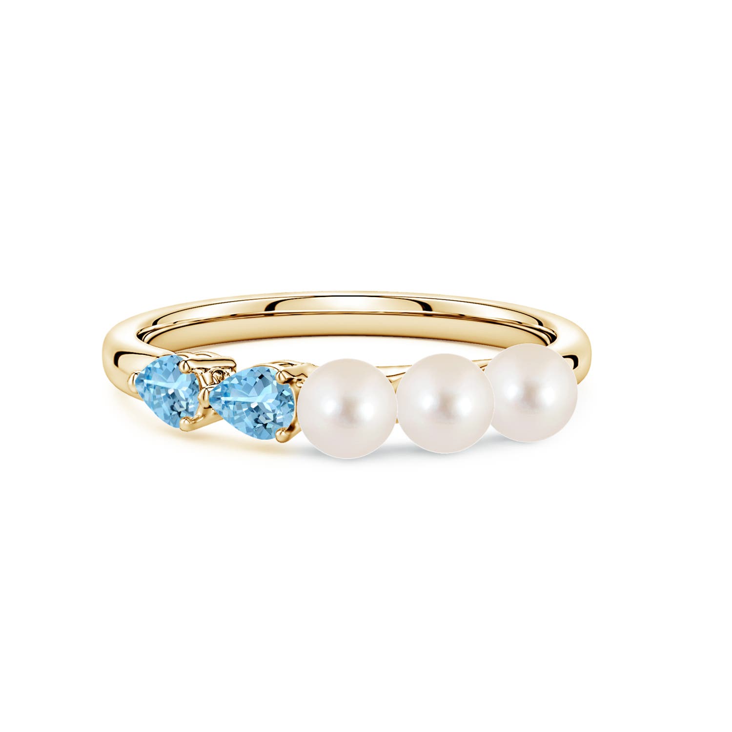 4mm AAAA Freshwater Pearl and Horizontal Pear Aquamarine Asymmetrical Ring in Yellow Gold