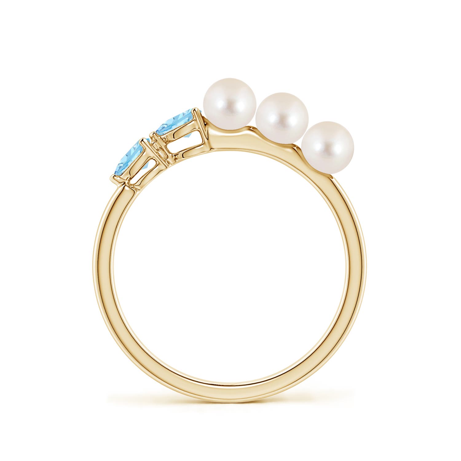 4mm AAAA Freshwater Pearl and Horizontal Pear Aquamarine Asymmetrical Ring in Yellow Gold