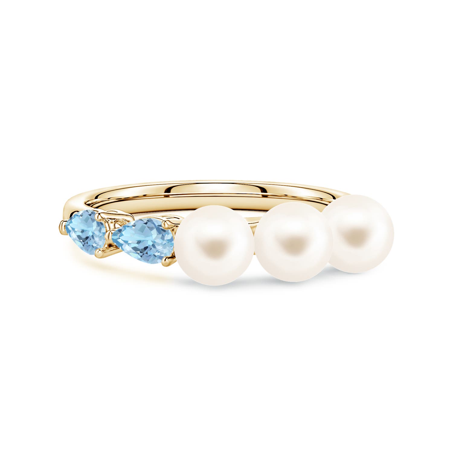 5mm AAA Freshwater Pearl and Horizontal Pear Aquamarine Asymmetrical Ring in 18K Yellow Gold
