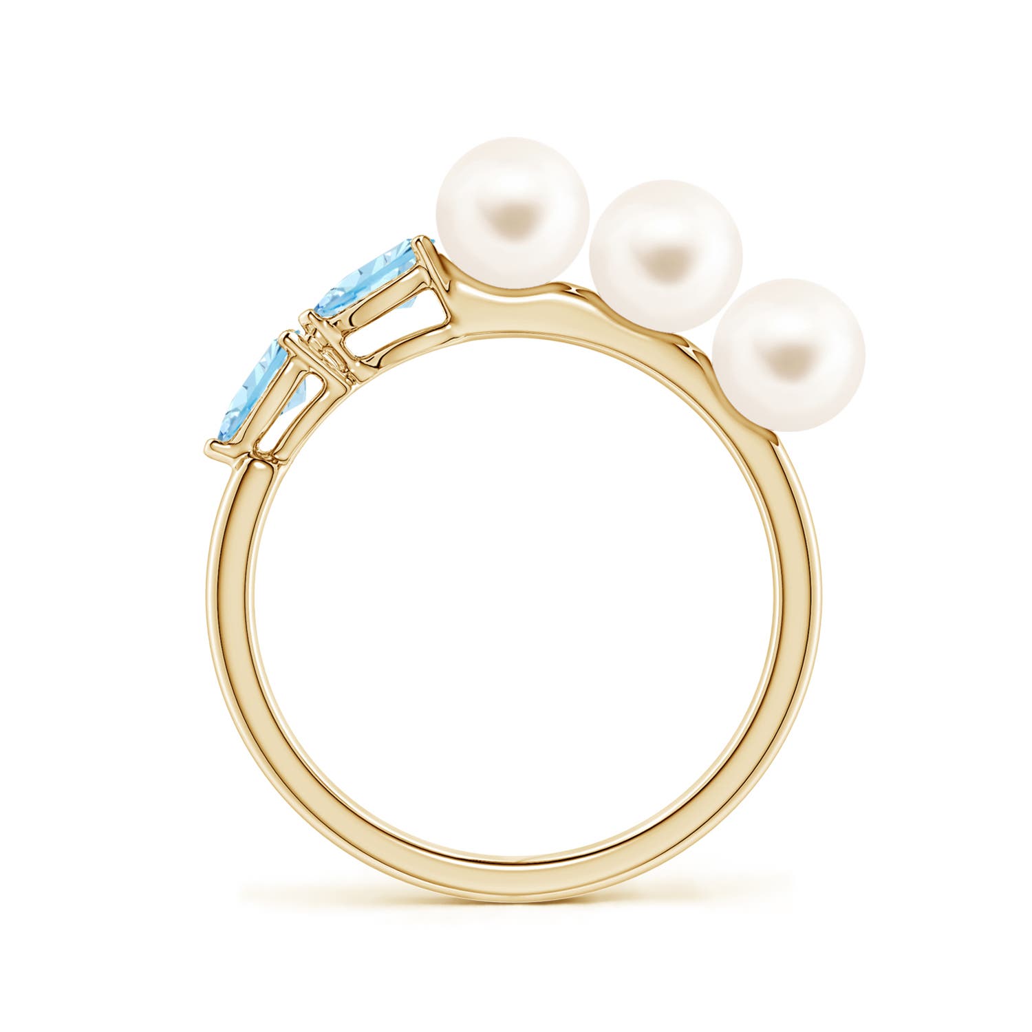 5mm AAA Freshwater Pearl and Horizontal Pear Aquamarine Asymmetrical Ring in 18K Yellow Gold