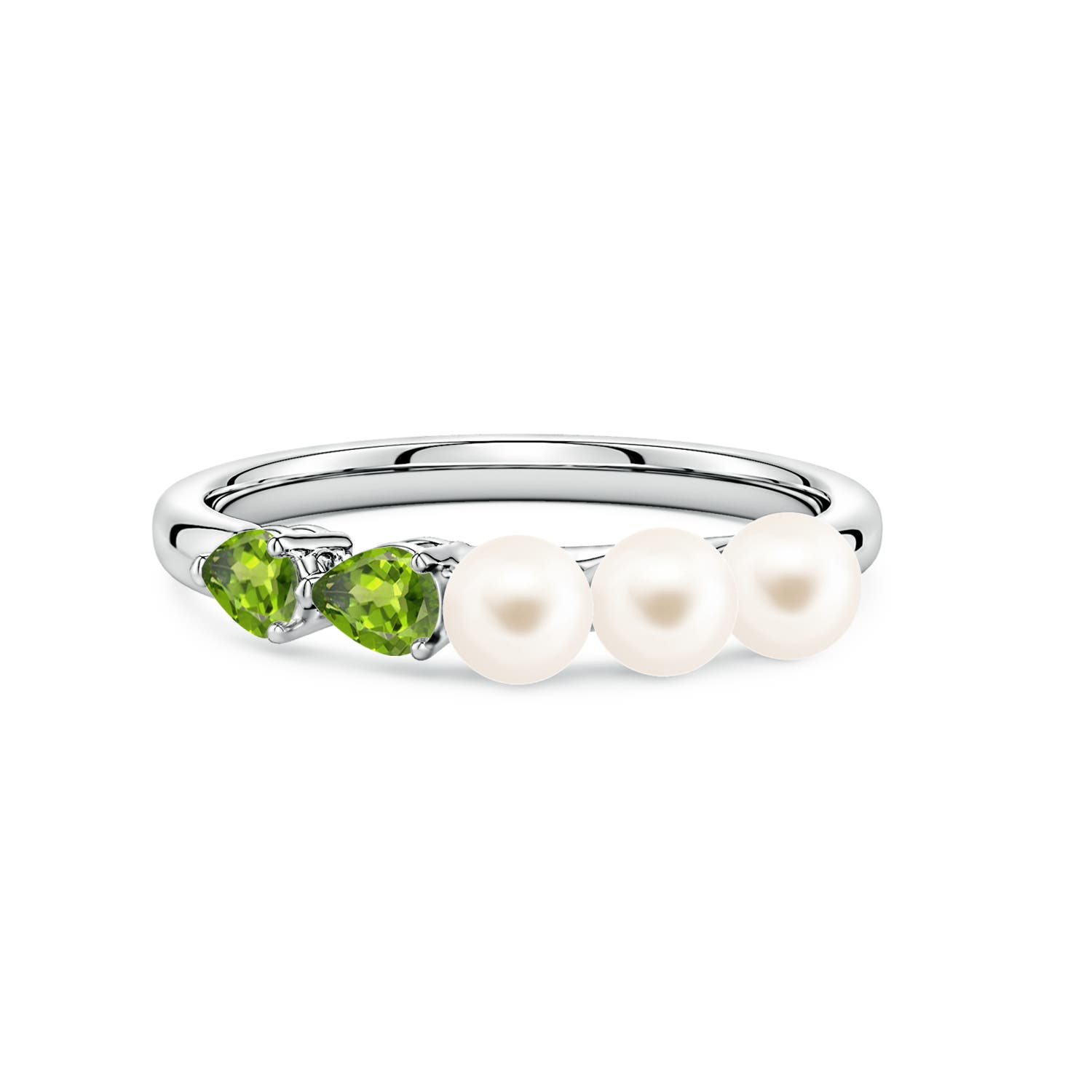 4mm AAA Freshwater Pearl and Horizontal Pear Peridot Asymmetrical Ring in White Gold