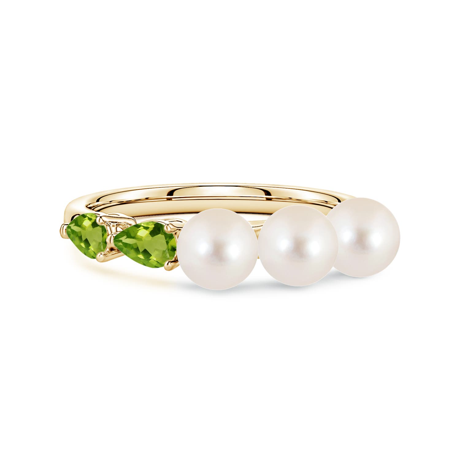 5mm AAAA Freshwater Pearl and Horizontal Pear Peridot Asymmetrical Ring in Yellow Gold