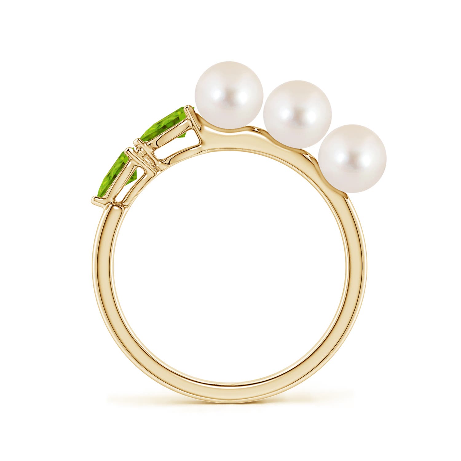5mm AAAA Freshwater Pearl and Horizontal Pear Peridot Asymmetrical Ring in Yellow Gold