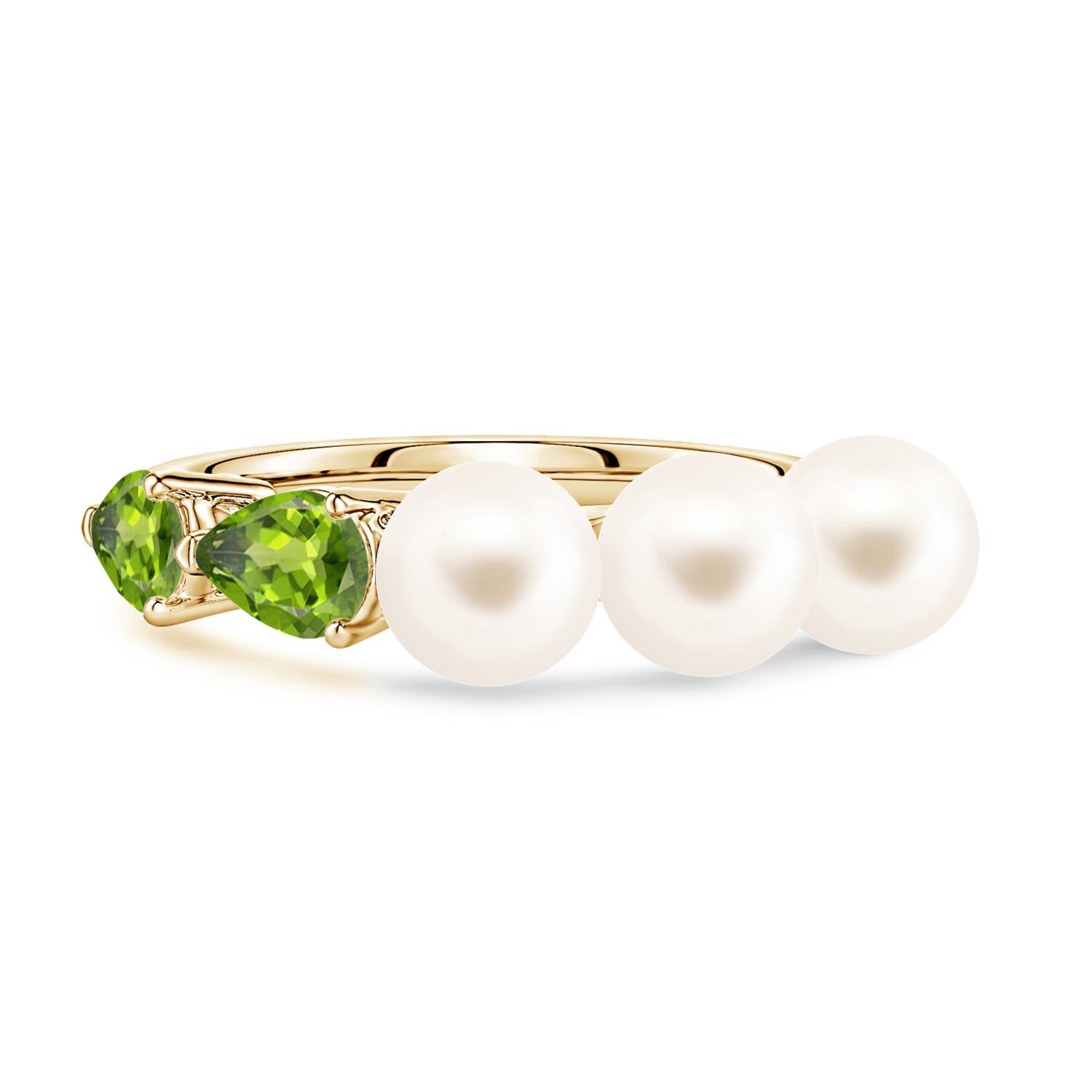 6mm AAA Freshwater Pearl and Horizontal Pear Peridot Asymmetrical Ring in 18K Yellow Gold