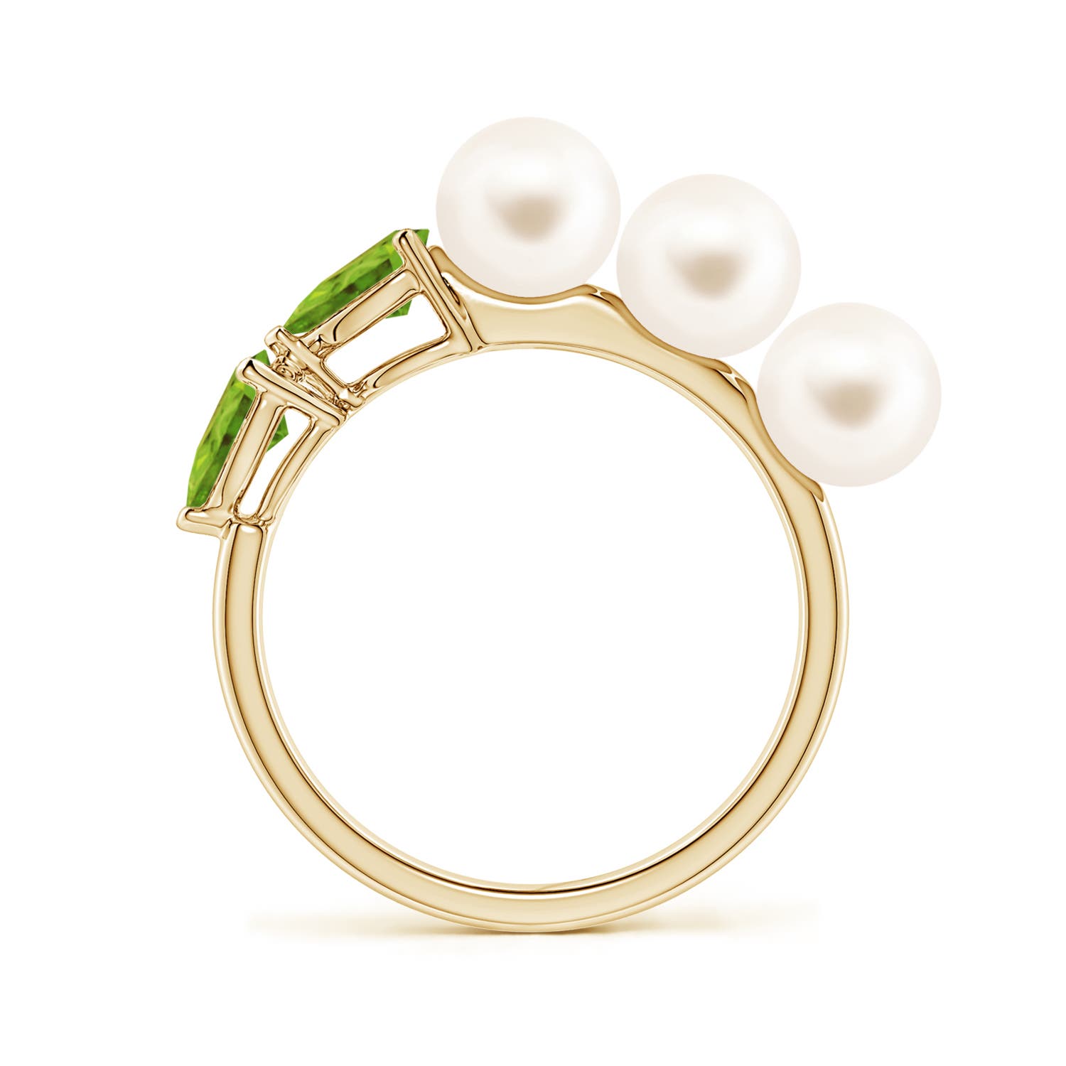 6mm AAA Freshwater Pearl and Horizontal Pear Peridot Asymmetrical Ring in 18K Yellow Gold