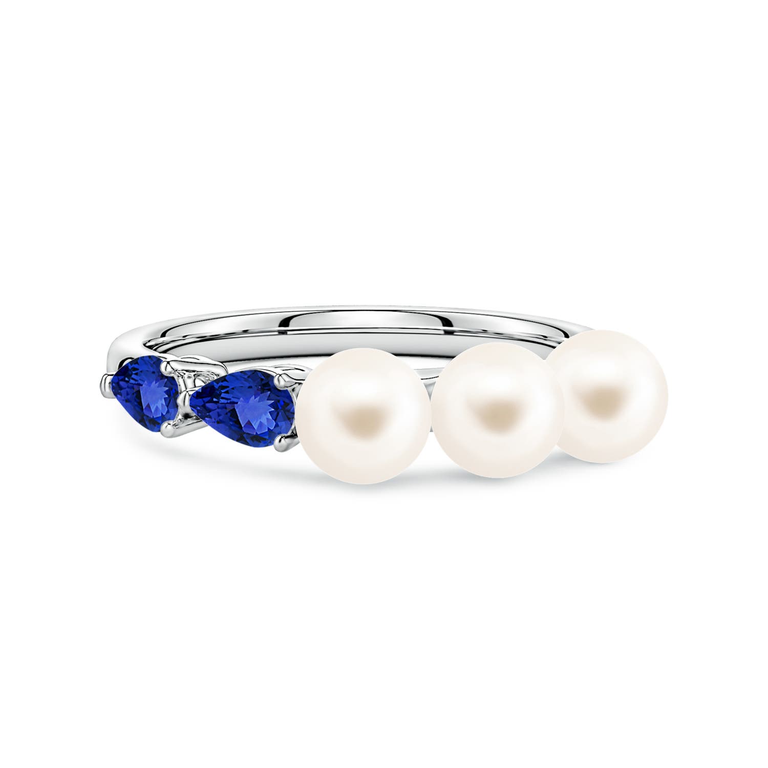 5mm AAA Freshwater Pearl and Horizontal Pear Tanzanite Asymmetrical Ring in White Gold