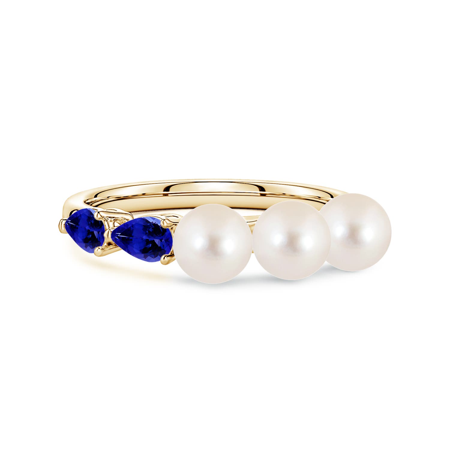 5mm AAAA Freshwater Pearl and Horizontal Pear Tanzanite Asymmetrical Ring in Yellow Gold