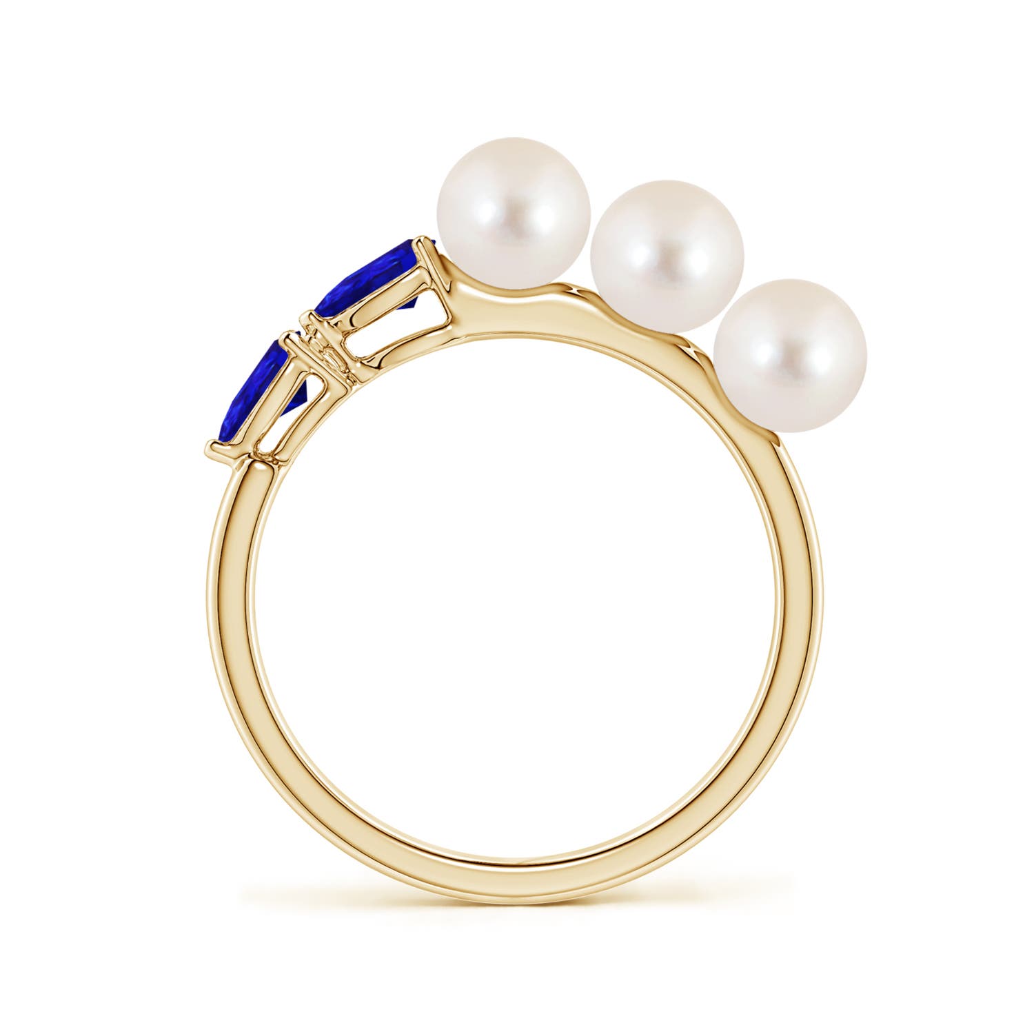 5mm AAAA Freshwater Pearl and Horizontal Pear Tanzanite Asymmetrical Ring in Yellow Gold