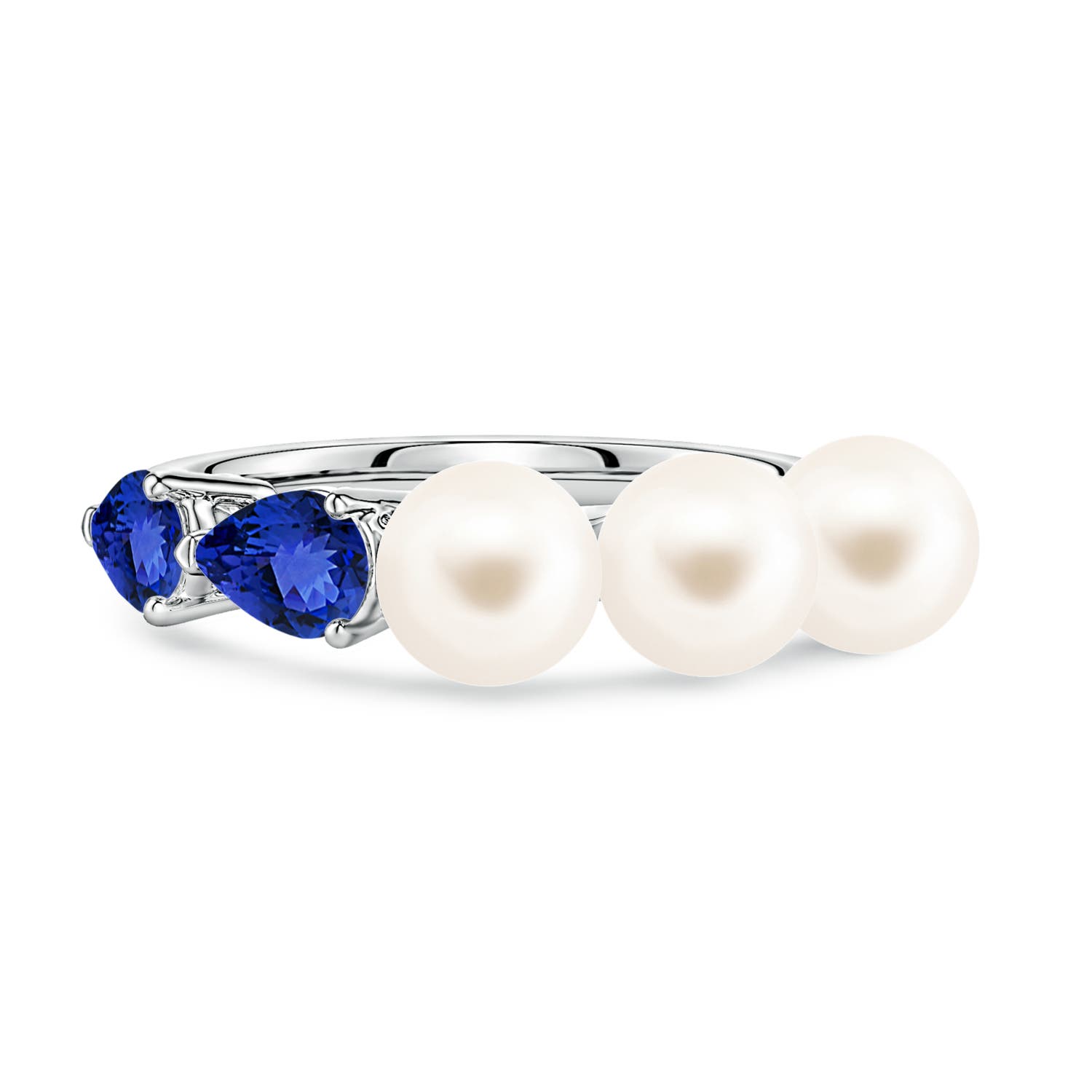 6mm AAA Freshwater Pearl and Horizontal Pear Tanzanite Asymmetrical Ring in White Gold