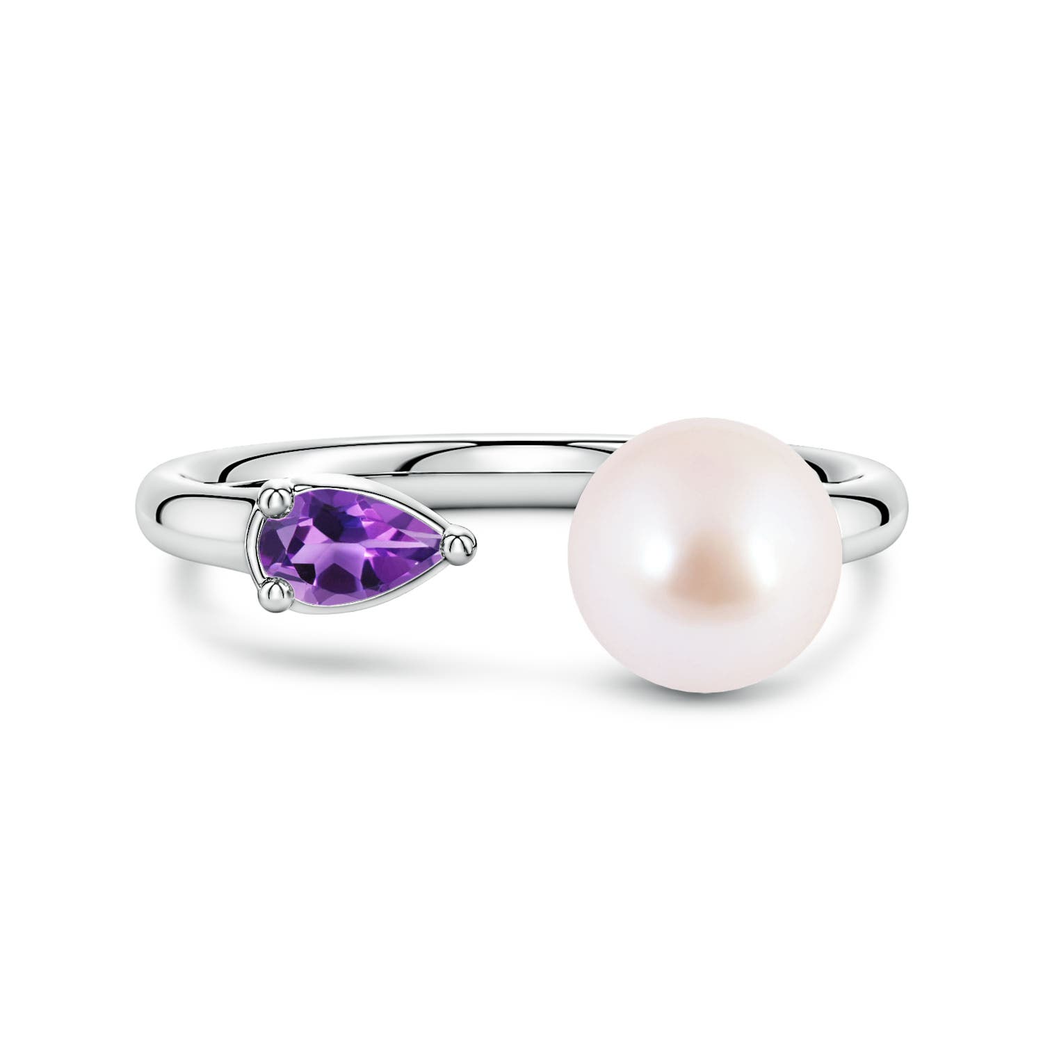 7mm AAA Akoya Pearl and Horizontal Pear Amethyst Open Ring in White Gold