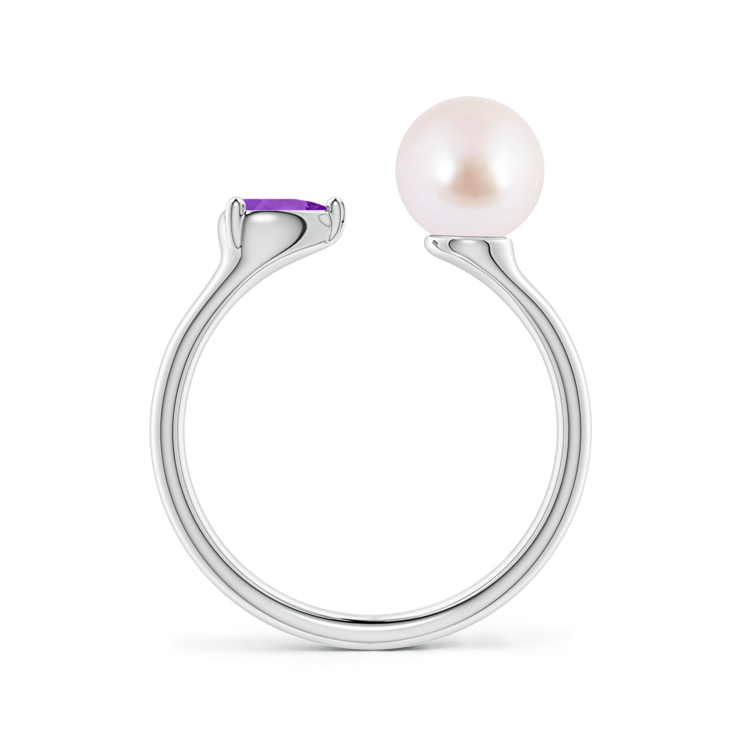 7mm AAA Akoya Pearl and Horizontal Pear Amethyst Open Ring in White Gold - side 2