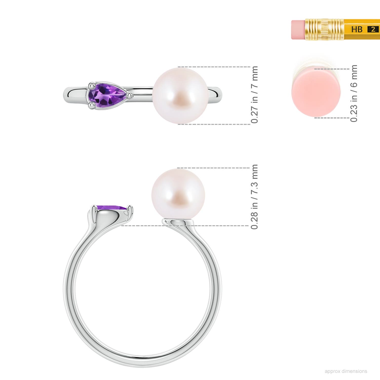 7mm AAA Akoya Pearl and Horizontal Pear Amethyst Open Ring in White Gold - ruler