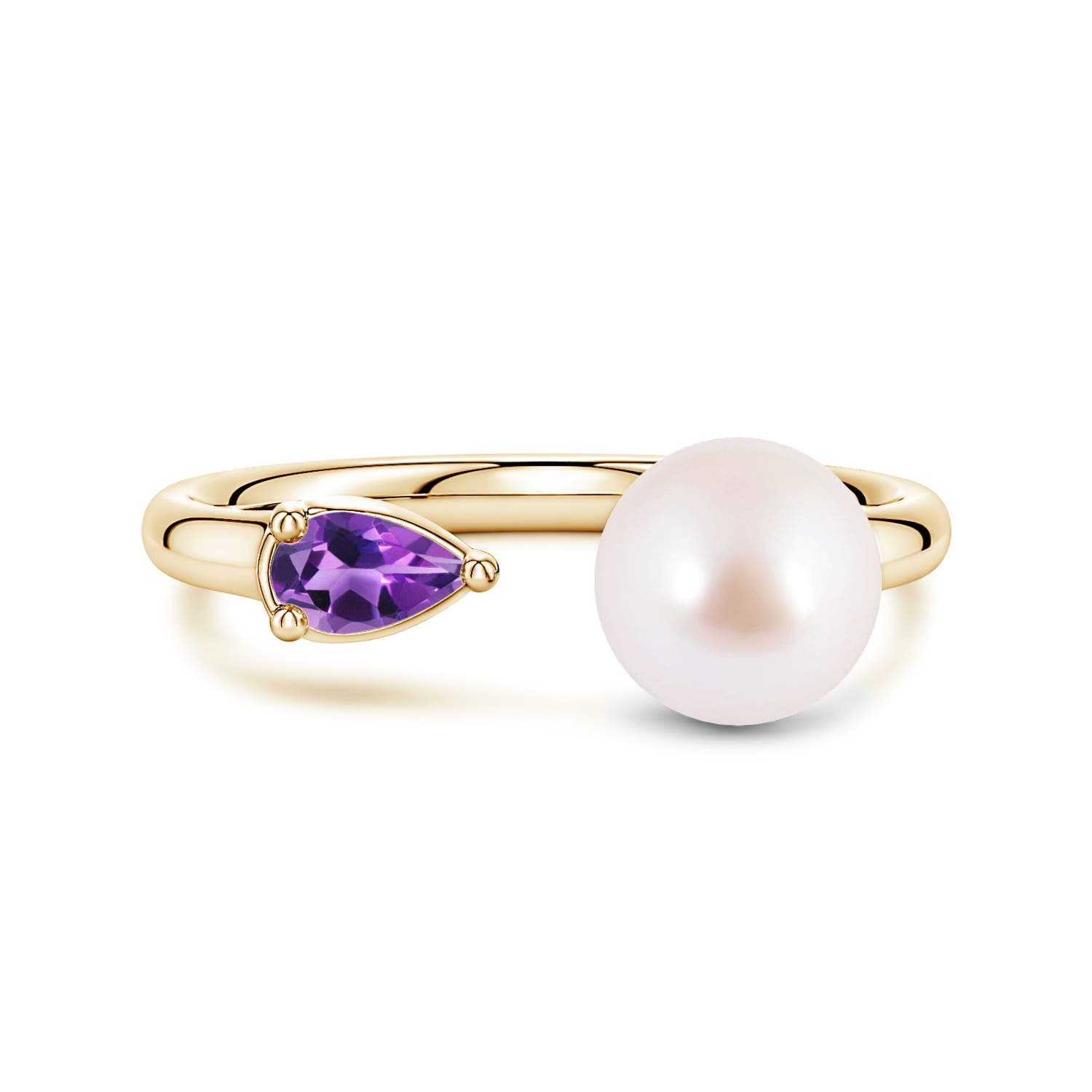 7mm AAA Akoya Pearl and Horizontal Pear Amethyst Open Ring in Yellow Gold