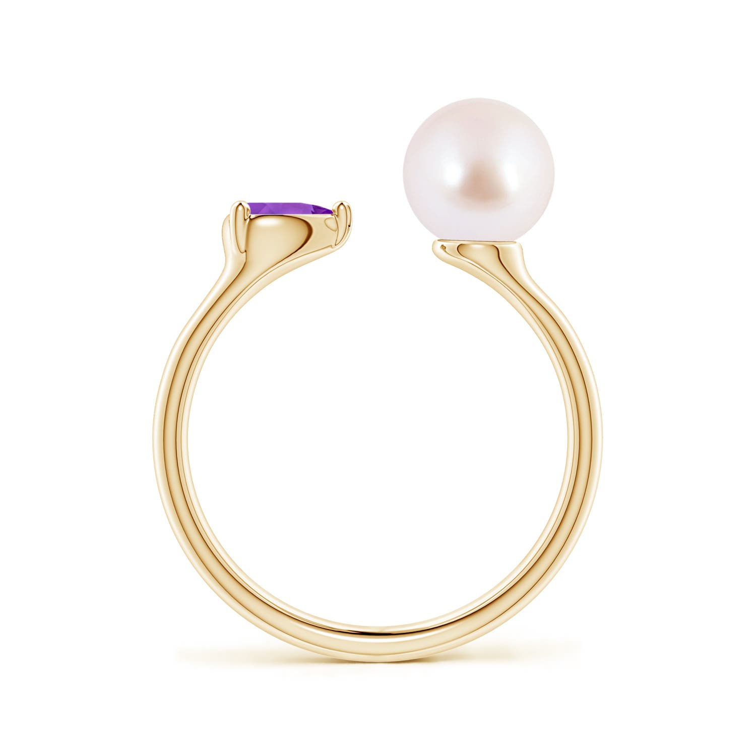 7mm AAA Akoya Pearl and Horizontal Pear Amethyst Open Ring in Yellow Gold