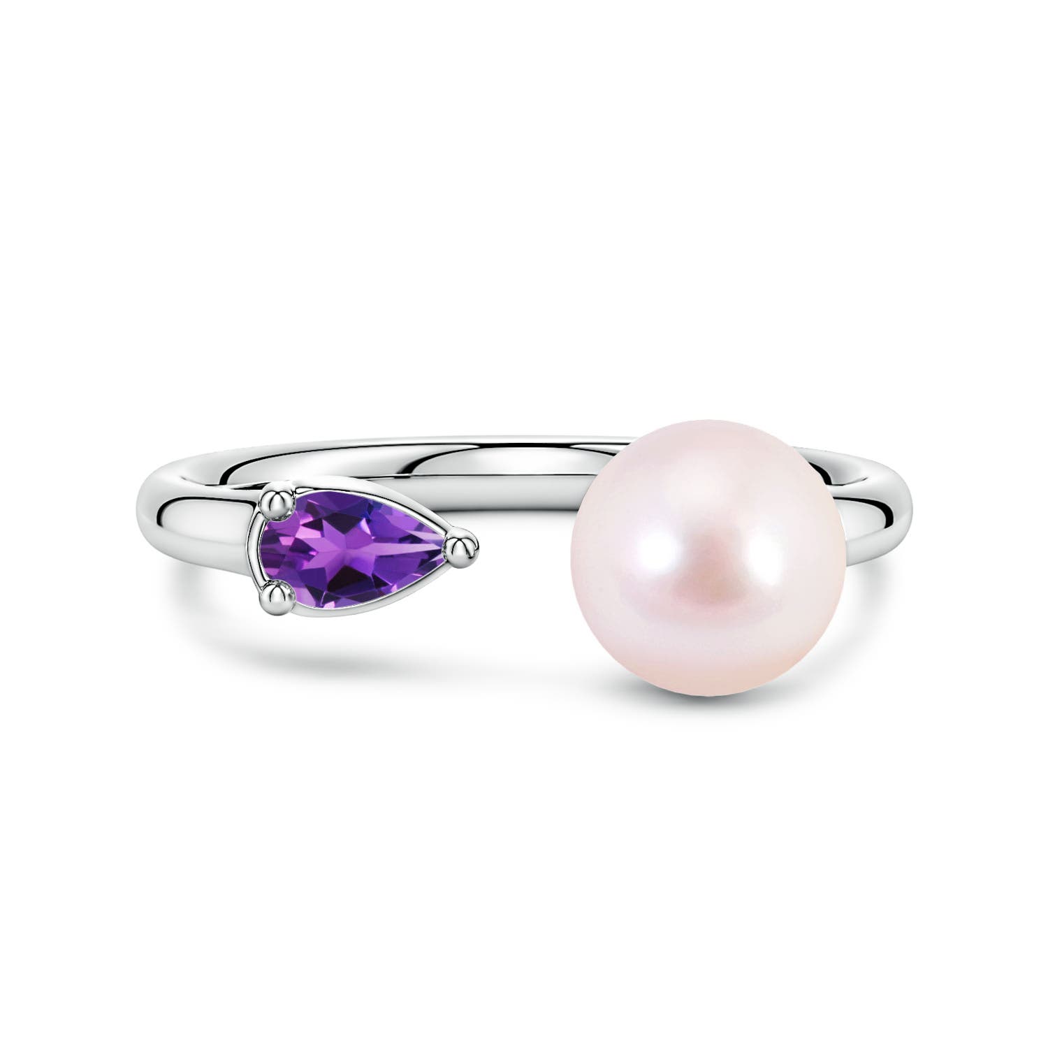 7mm AAAA Akoya Pearl and Horizontal Pear Amethyst Open Ring in 18CT White Gold