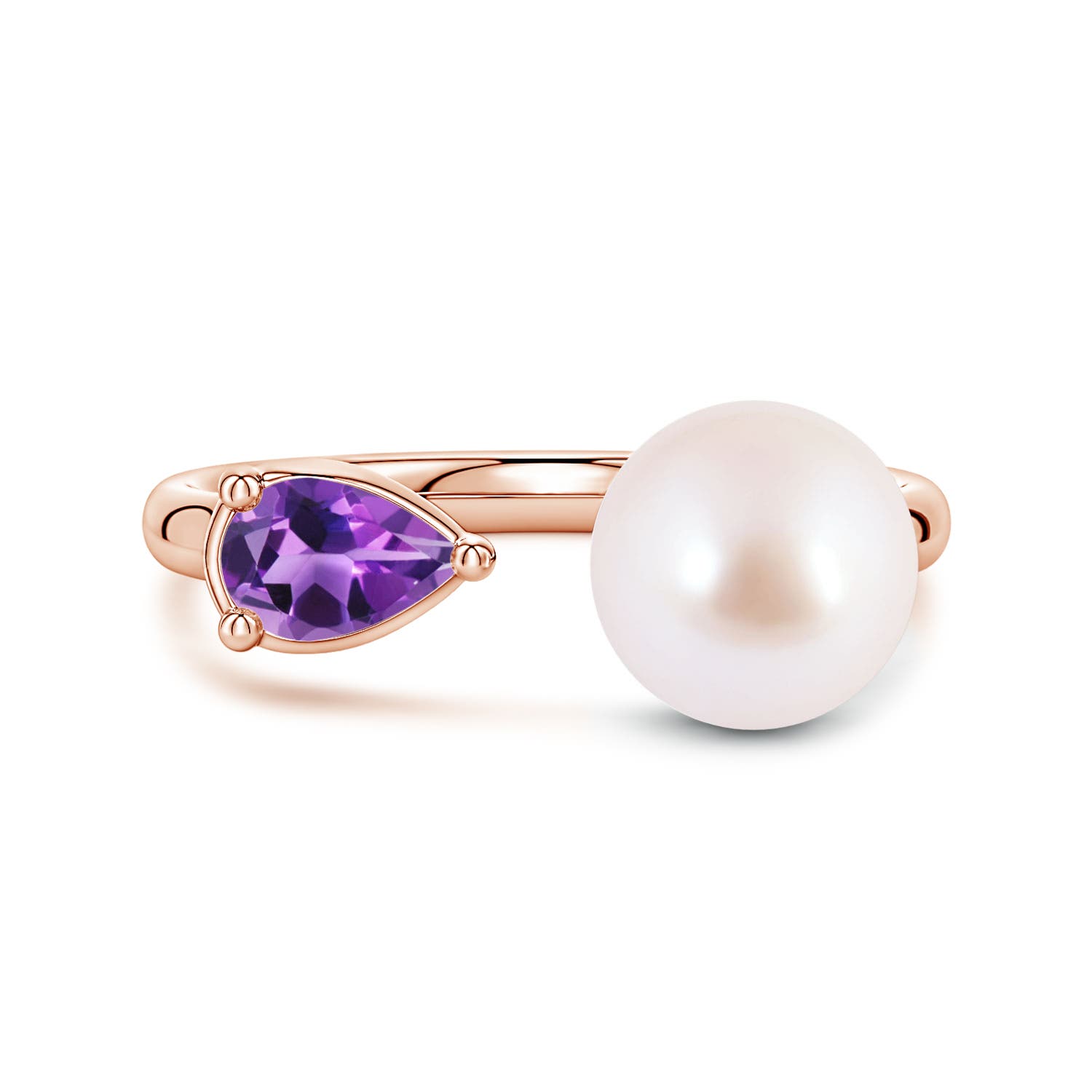 8mm AAA Akoya Pearl and Horizontal Pear Amethyst Open Ring in Rose Gold