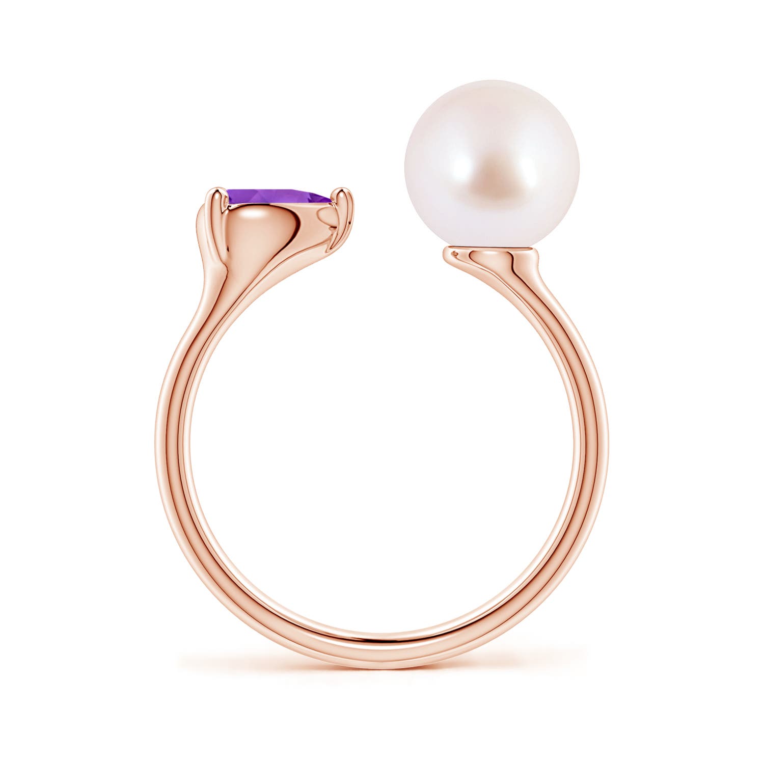 8mm AAA Akoya Pearl and Horizontal Pear Amethyst Open Ring in Rose Gold