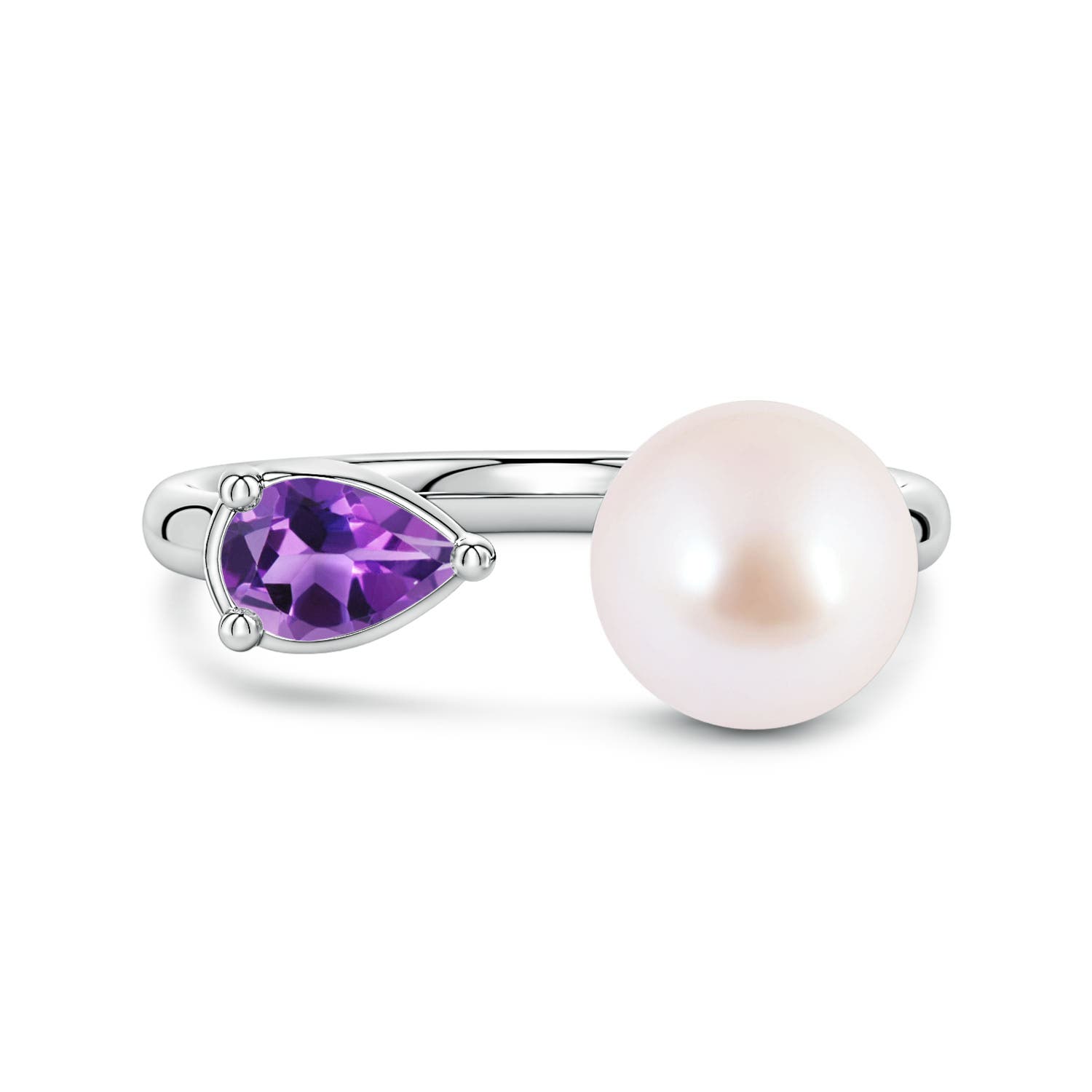 8mm AAA Akoya Pearl and Horizontal Pear Amethyst Open Ring in White Gold