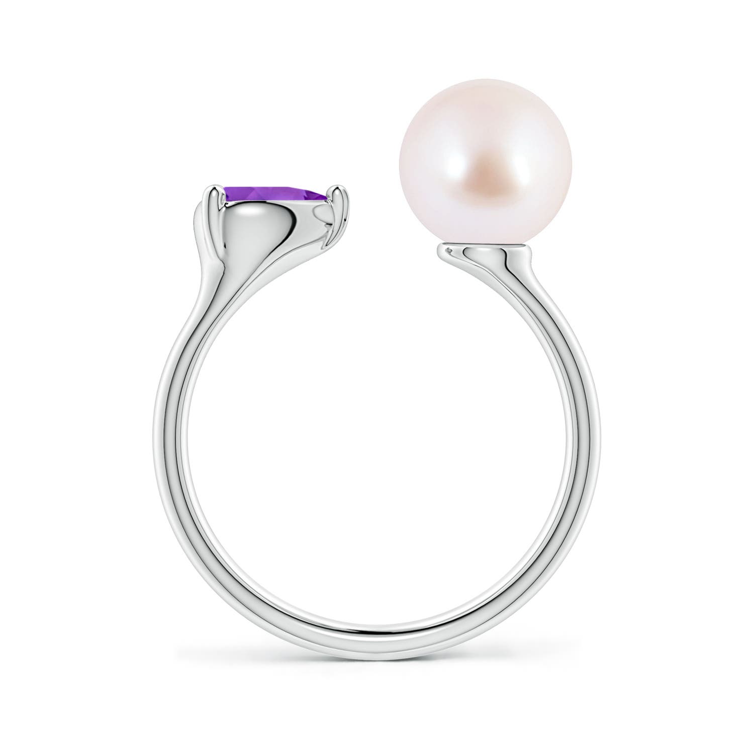 8mm AAA Akoya Pearl and Horizontal Pear Amethyst Open Ring in White Gold