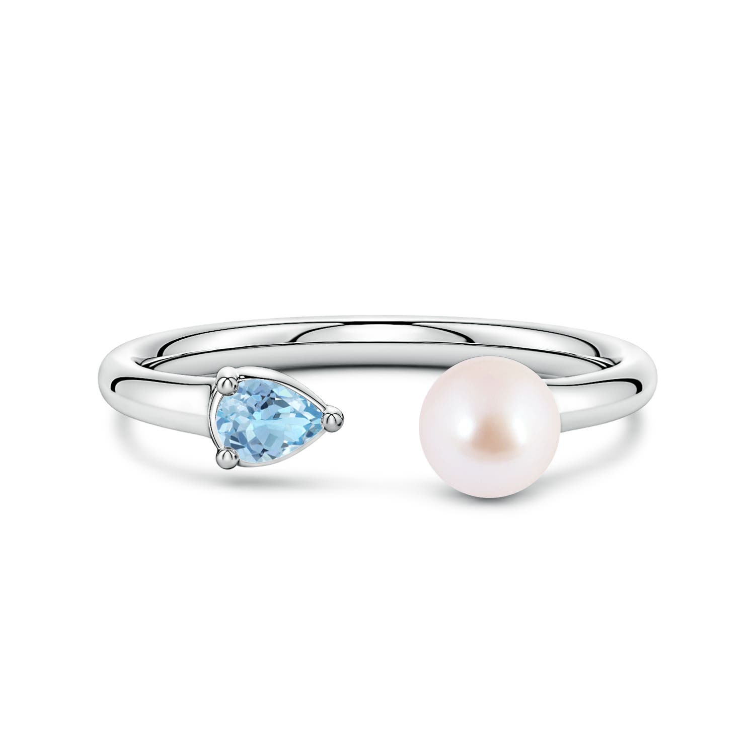 6mm AAA Akoya Pearl and Horizontal Pear Aquamarine Open Ring in 18CT White Gold