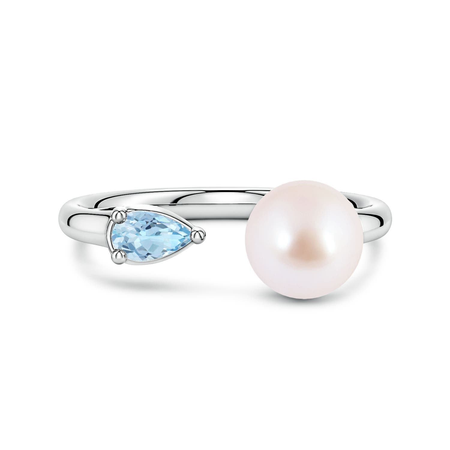 7mm AAA Akoya Pearl and Horizontal Pear Aquamarine Open Ring in White Gold
