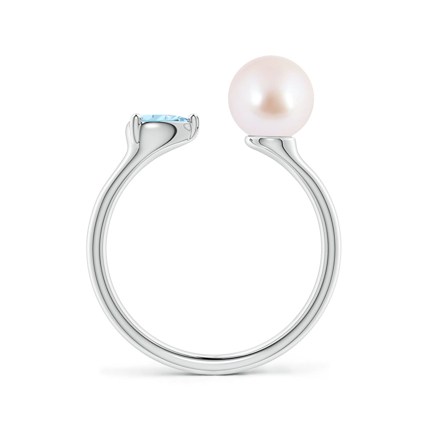 7mm AAA Akoya Pearl and Horizontal Pear Aquamarine Open Ring in White Gold - side 2