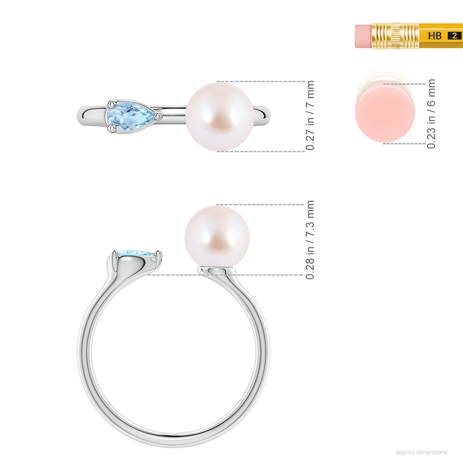 7mm AAA Akoya Pearl and Horizontal Pear Aquamarine Open Ring in White Gold - ruler