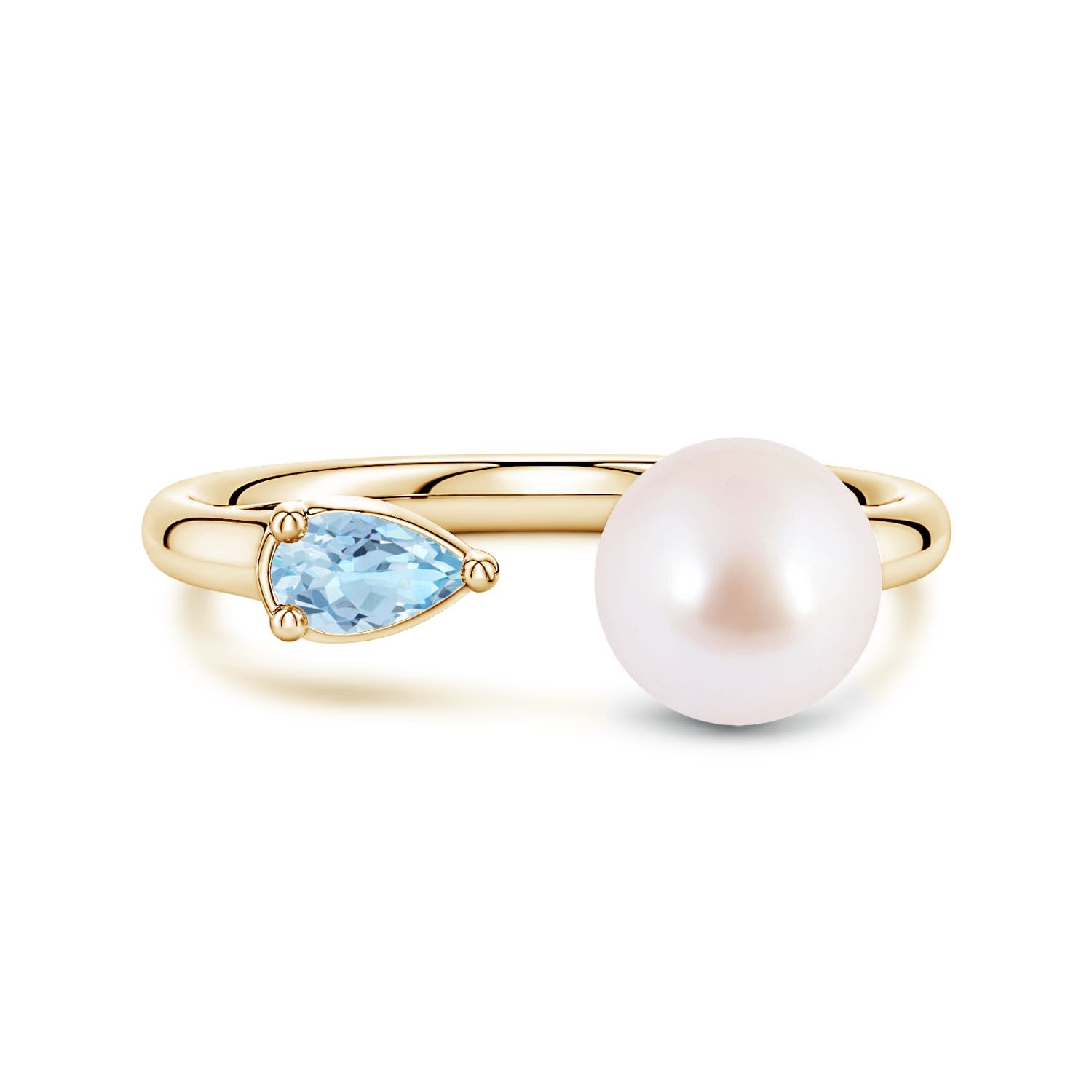 7mm AAA Akoya Pearl and Horizontal Pear Aquamarine Open Ring in Yellow Gold