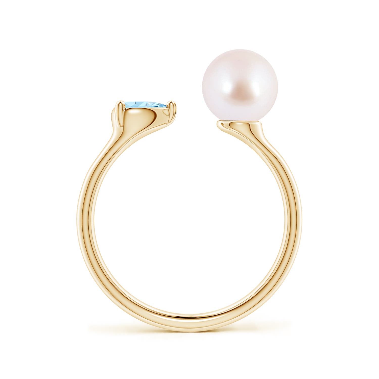7mm AAA Akoya Pearl and Horizontal Pear Aquamarine Open Ring in Yellow Gold