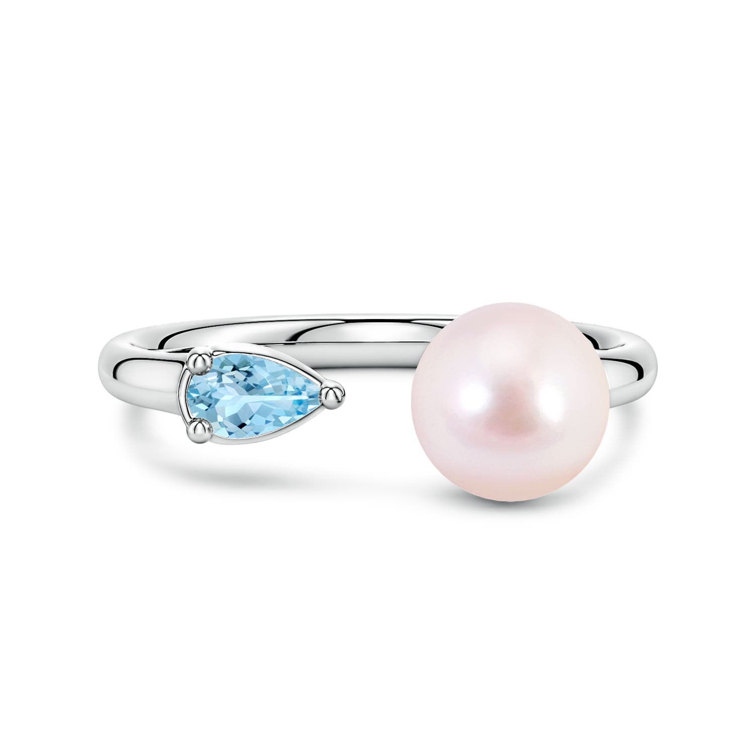 7mm AAAA Akoya Pearl and Horizontal Pear Aquamarine Open Ring in 18CT White Gold