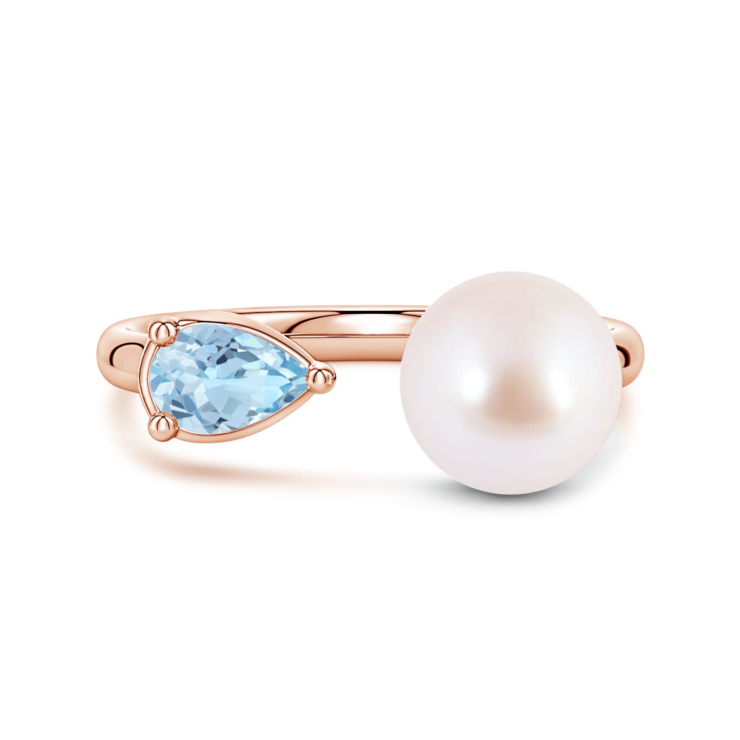 8mm AAA Akoya Pearl and Horizontal Pear Aquamarine Open Ring in Rose Gold