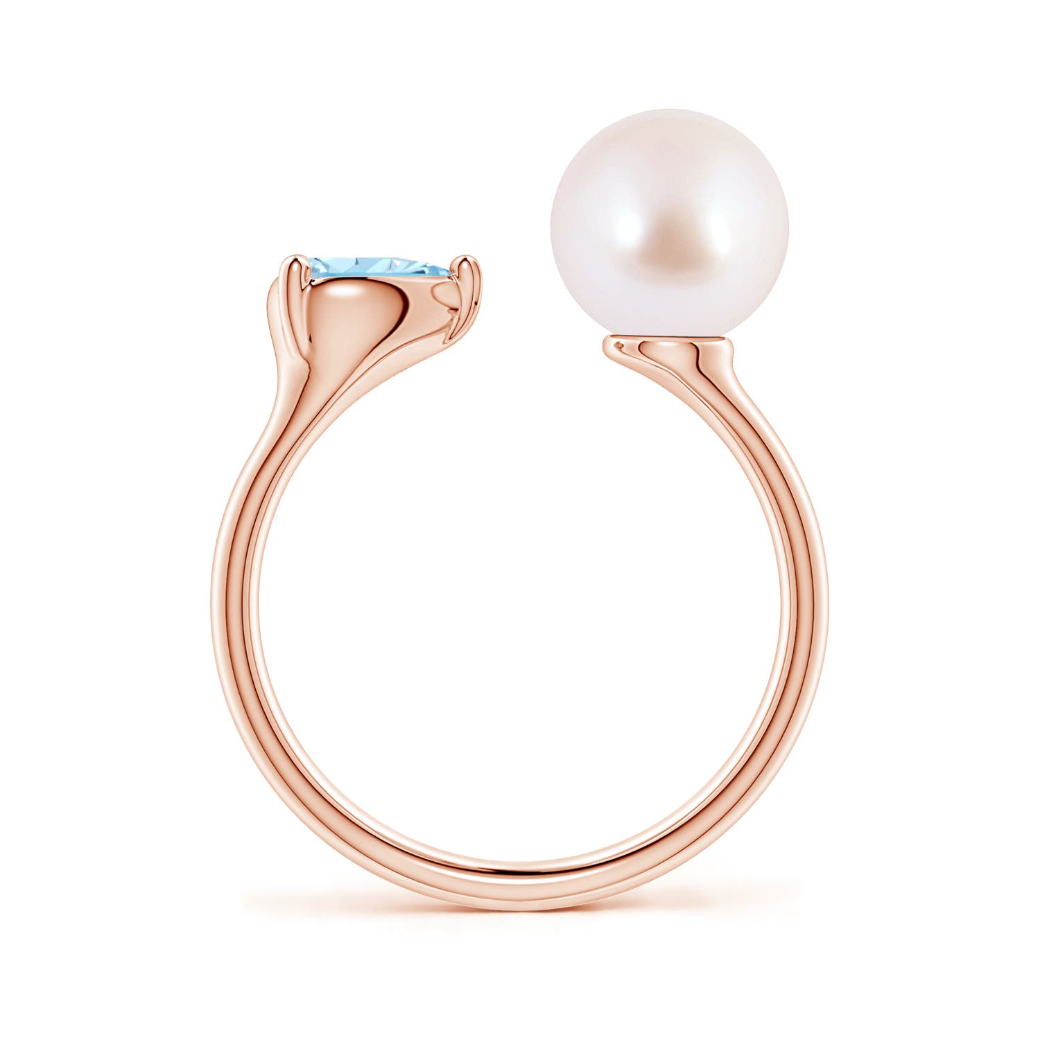 8mm AAA Akoya Pearl and Horizontal Pear Aquamarine Open Ring in Rose Gold