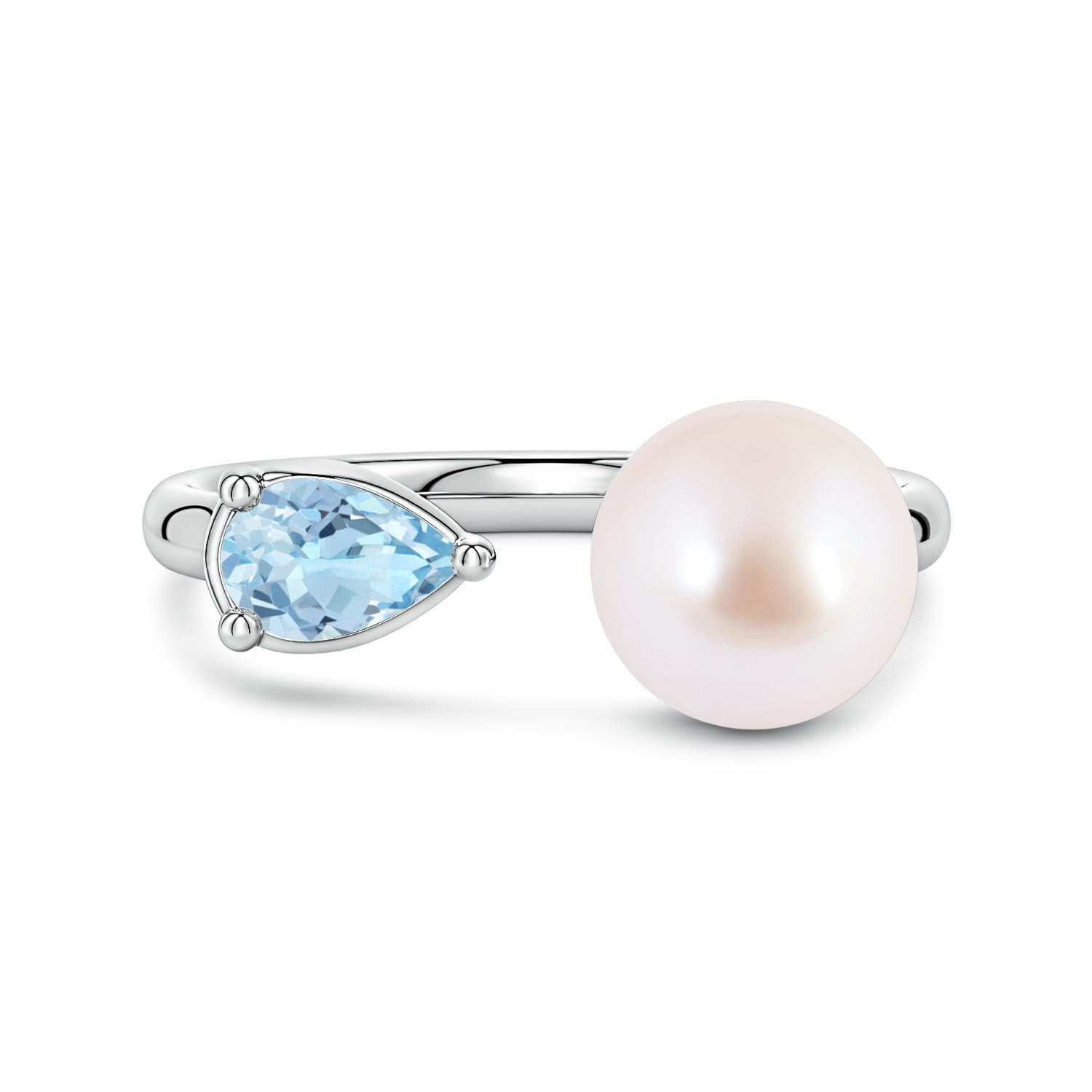 8mm AAA Akoya Pearl and Horizontal Pear Aquamarine Open Ring in White Gold
