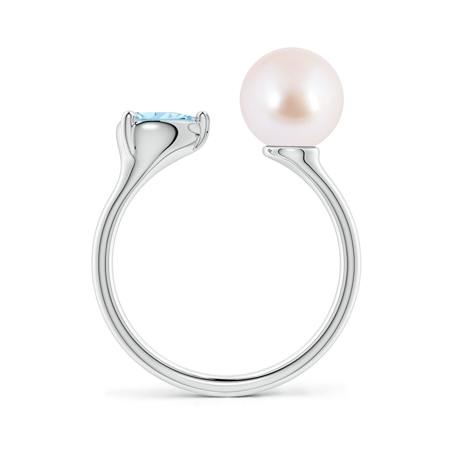 8mm AAA Akoya Pearl and Horizontal Pear Aquamarine Open Ring in White Gold