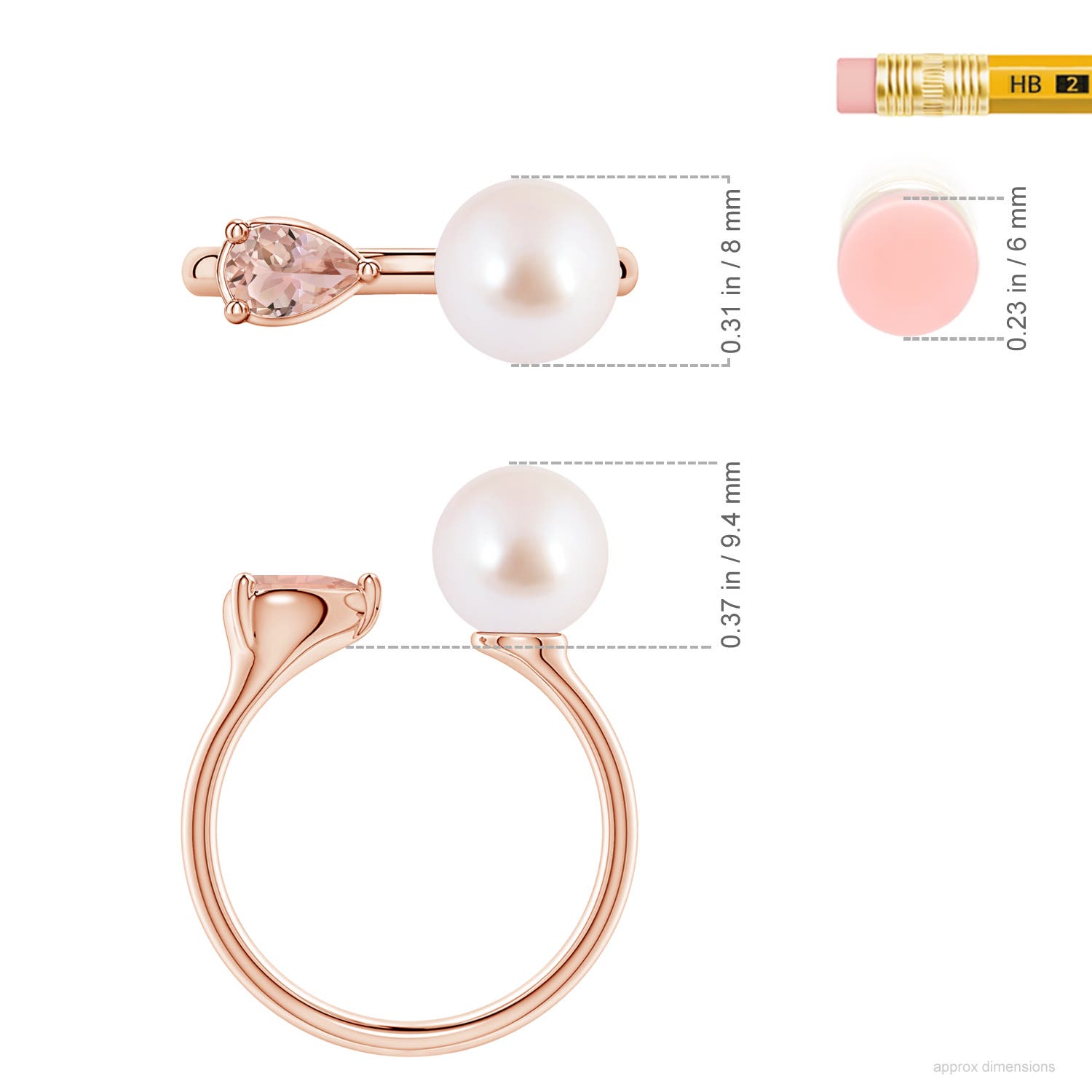 8mm AAA Akoya Pearl and Horizontal Pear Morganite Open Ring in Rose Gold - ruler