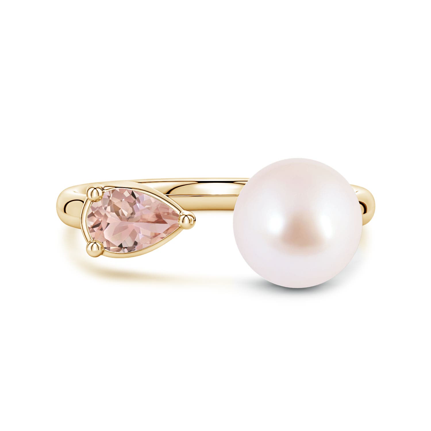 8mm AAA Akoya Pearl and Horizontal Pear Morganite Open Ring in Yellow Gold